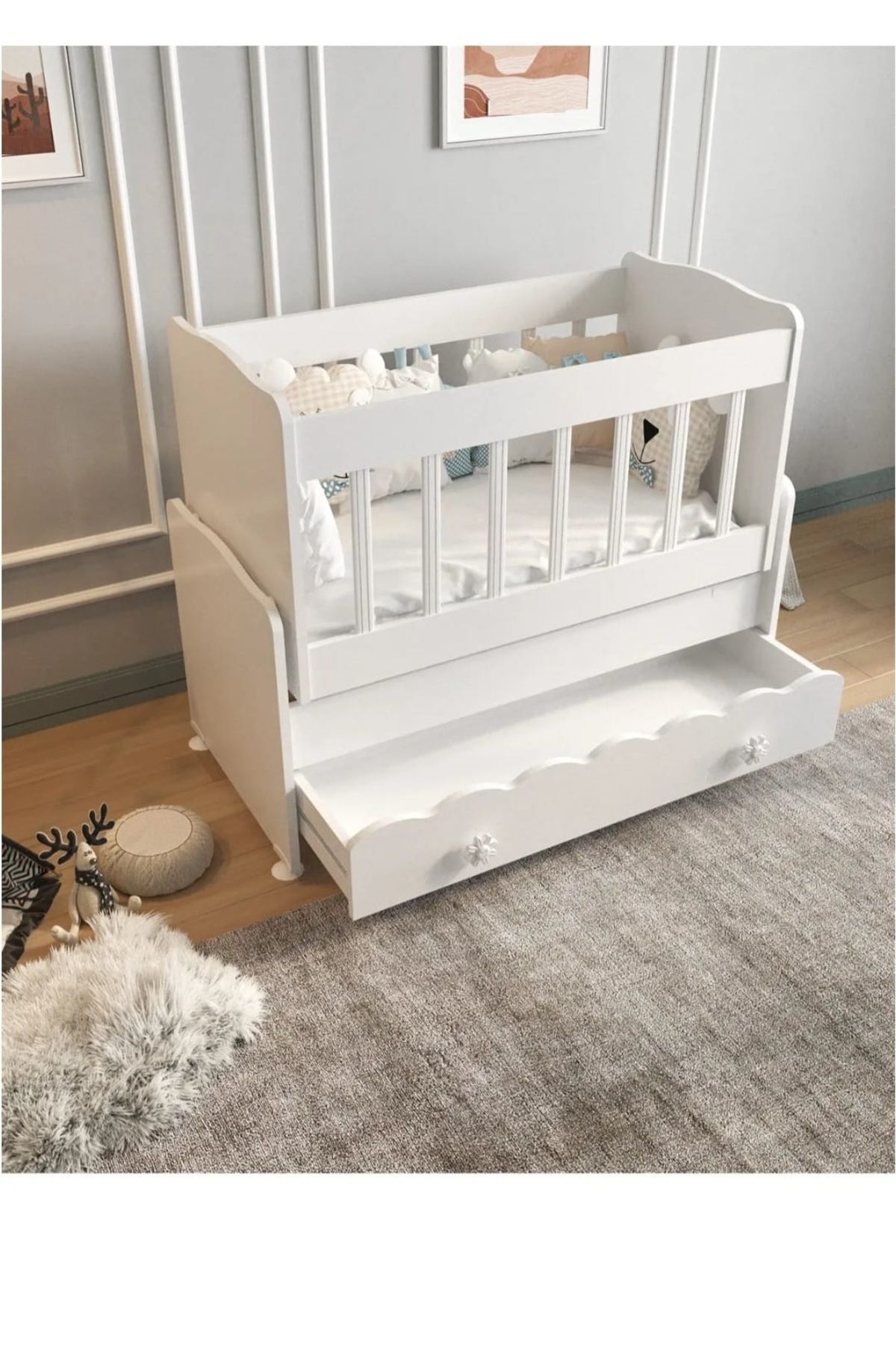 Berceau en bois blanc pour bébé avec tiroir et balancement, à placer à côté de la mère