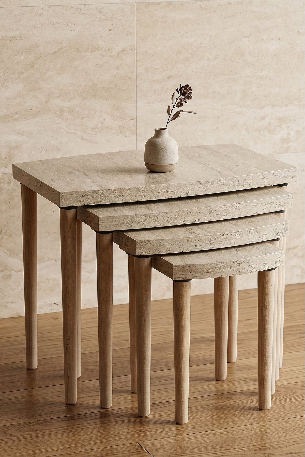 Ensemble de tables gigognes 4 pièces en MDF à motif travertin avec pieds en bois de charme, design moderne