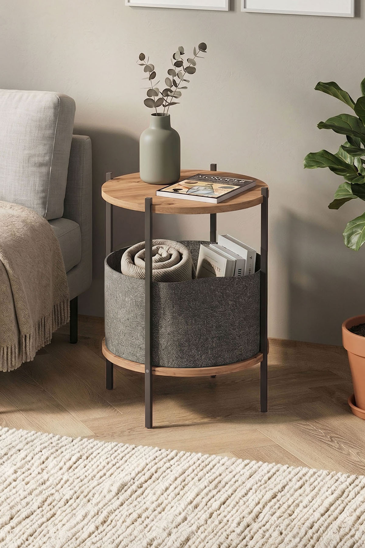 Table basse avec large sac, porte-revues, bibliothèque, porte-fleurs, pin