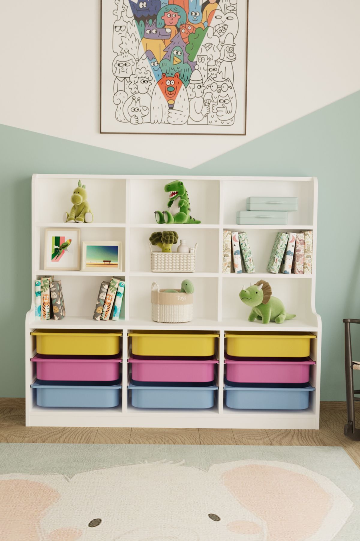 Armoire de jouets polyvalente Sinous à 9 paniers, colorée