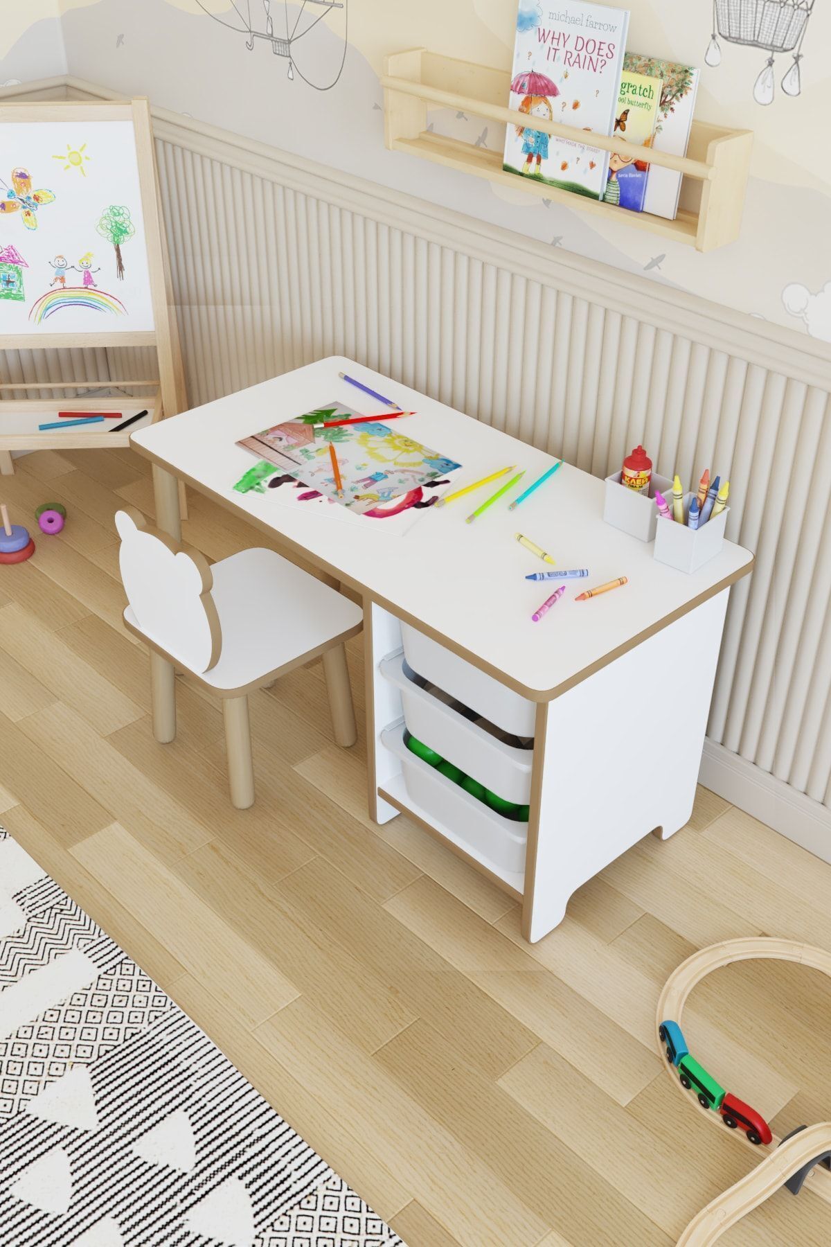 Ensemble Table et Chaises pour Enfants - Bureau d'Activité pour Enfants avec 3 Paniers, Tableau Effaçable à Sec, Chaise Panda