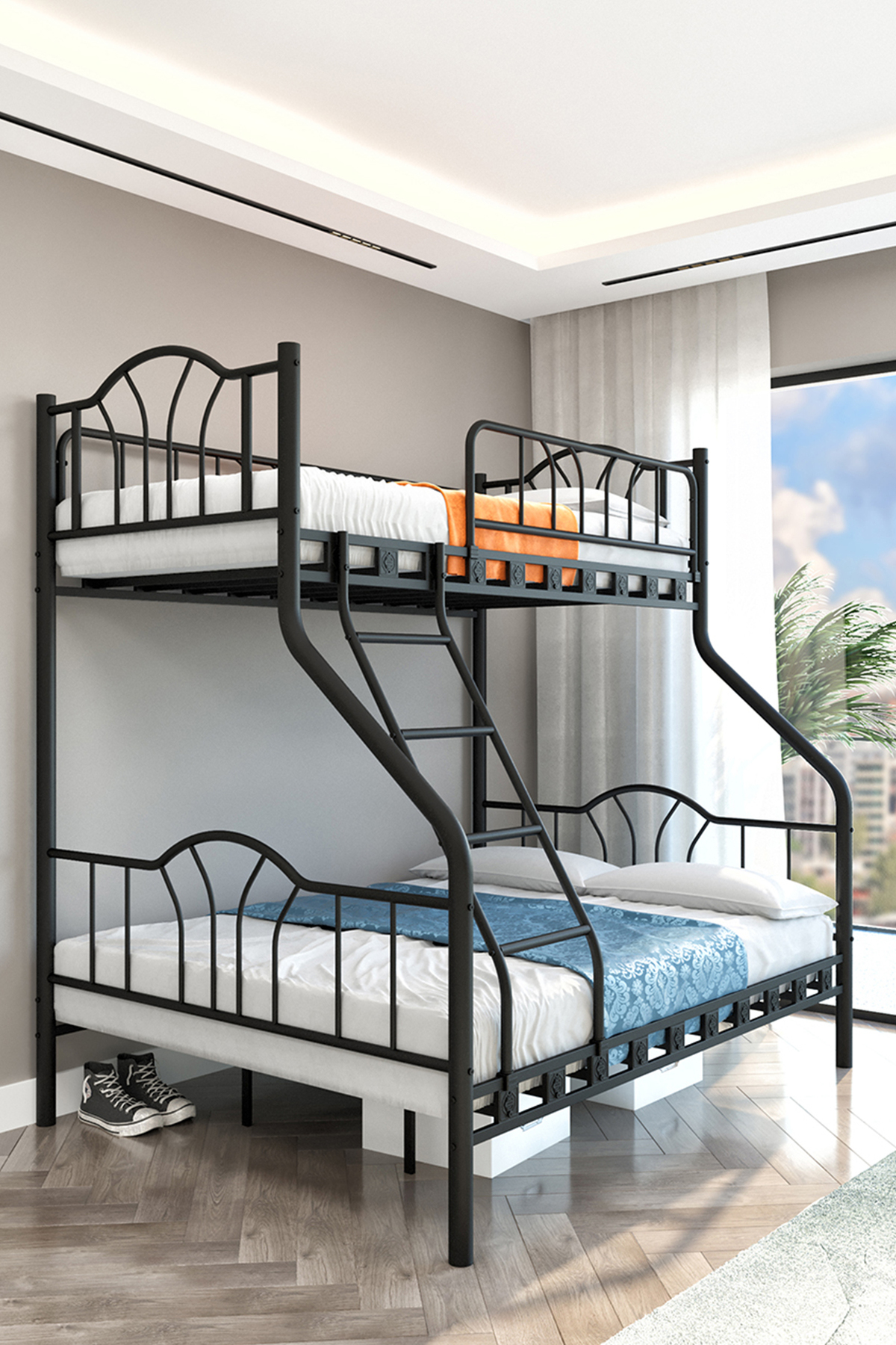 Lit superposé métallique pour 3 personnes avec 3 places pour parents  &  Noir