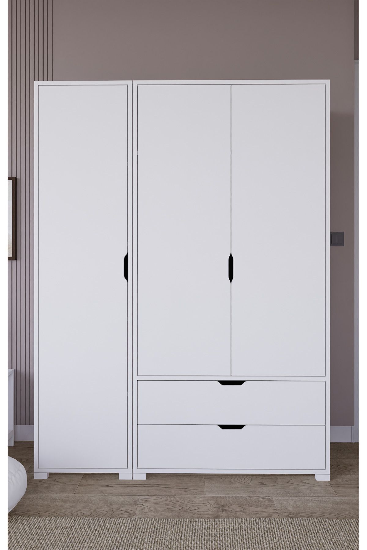 Armoire à vêtements Duru Mat Blanc à 3 portes et 2 tiroirs - Ensemble de garde-robe