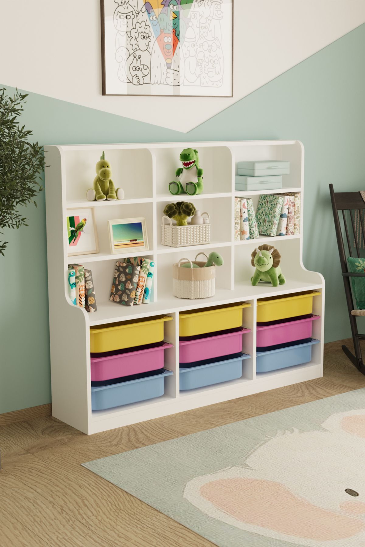Armoire de jouets polyvalente Sinous à 9 paniers, colorée