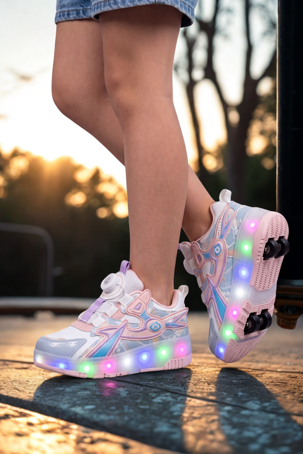 Chaussures de sport confortables pour enfants avec patins et lumière - Sneakers / Jeu de roues amovibles - Poudre