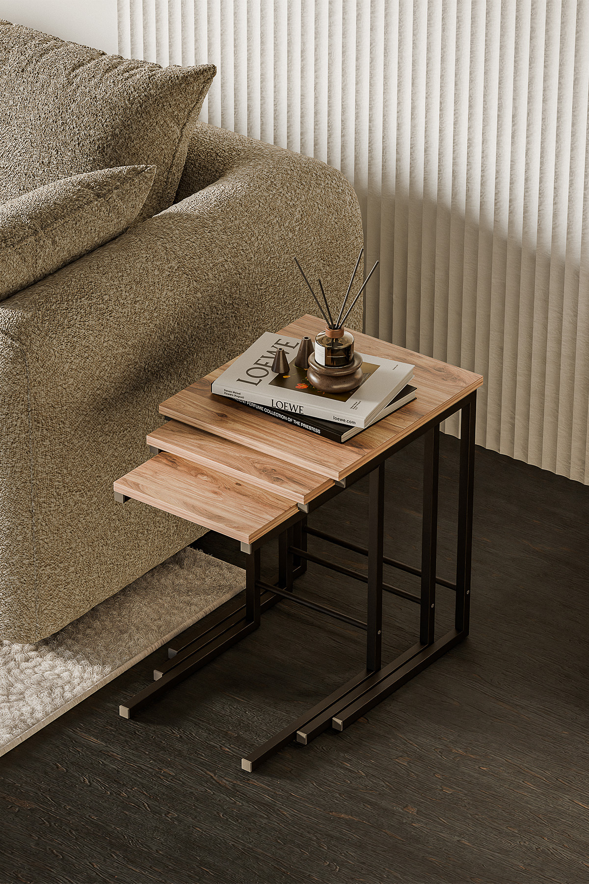 Table basse triple ensemble de tables gigognes décoratives table d'appoint latérale table en C avec pieds en métal (3 TABLES GIGOGNES EN C)