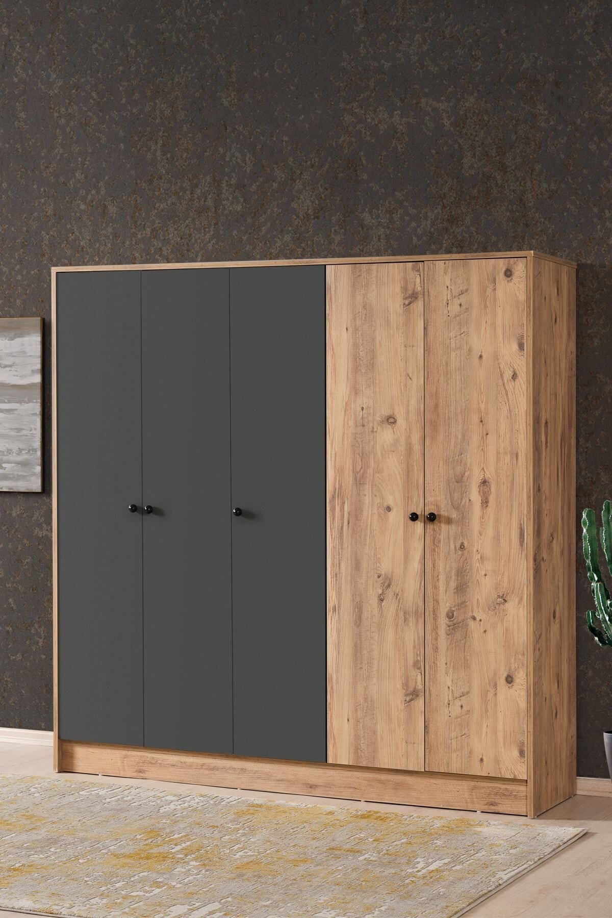 Armoire  Diva 5 portes avec étagères compartimentées et patères, pin atlantic et anthracite,  cm