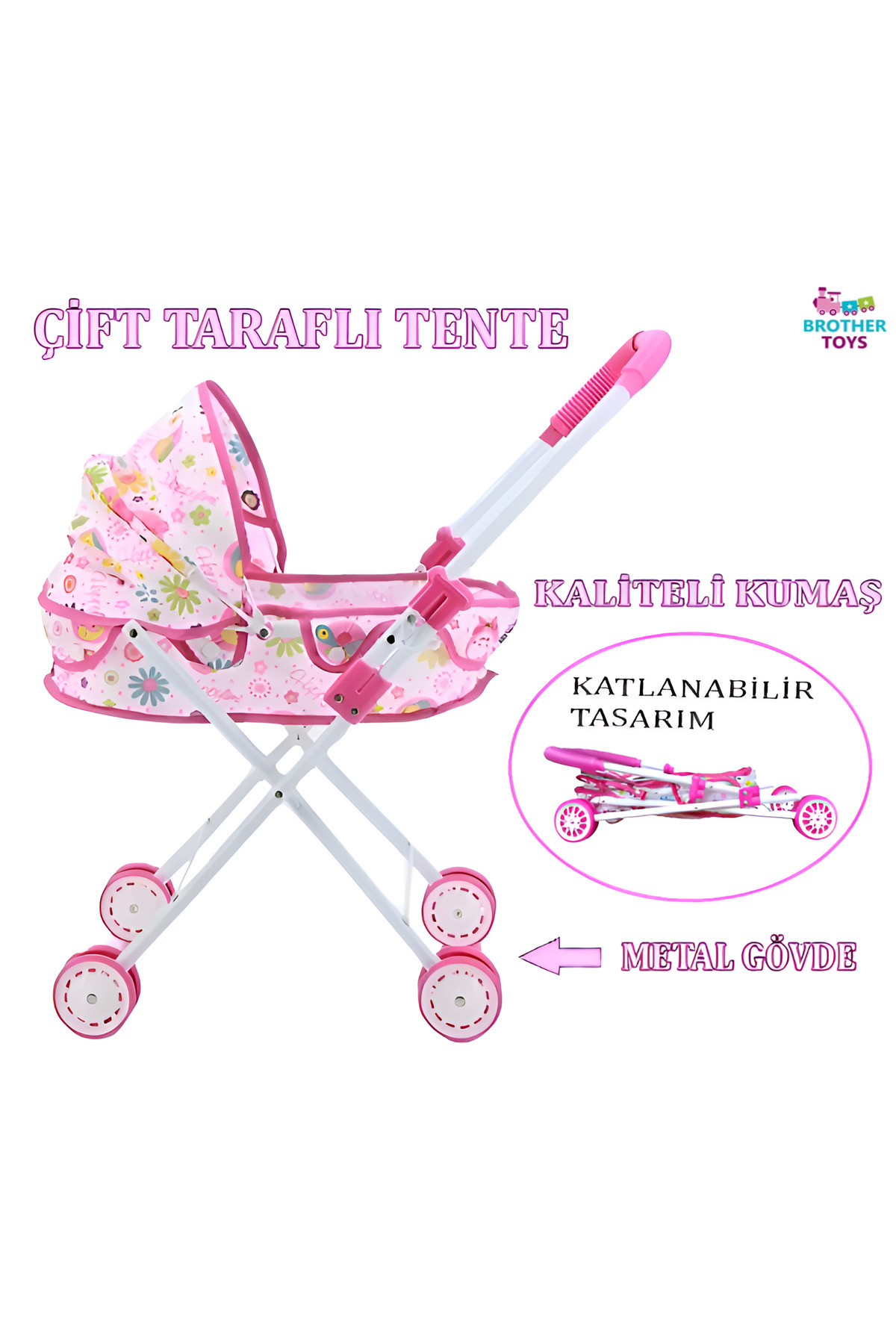 Poussette pour poupée en métal de qualité avec lit et auvent