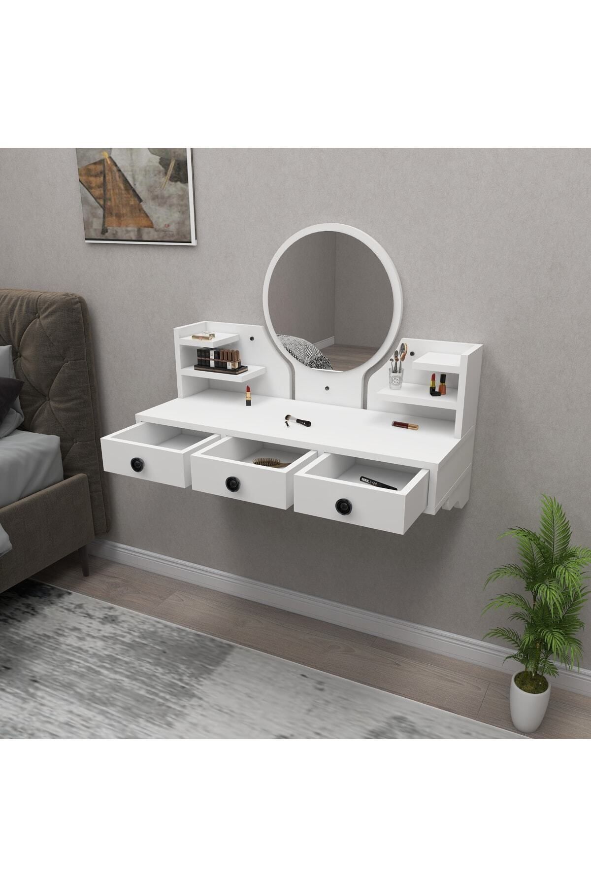 Table de maquillage murale Polina avec miroir, étagères et tiroirs, blanc - Polina