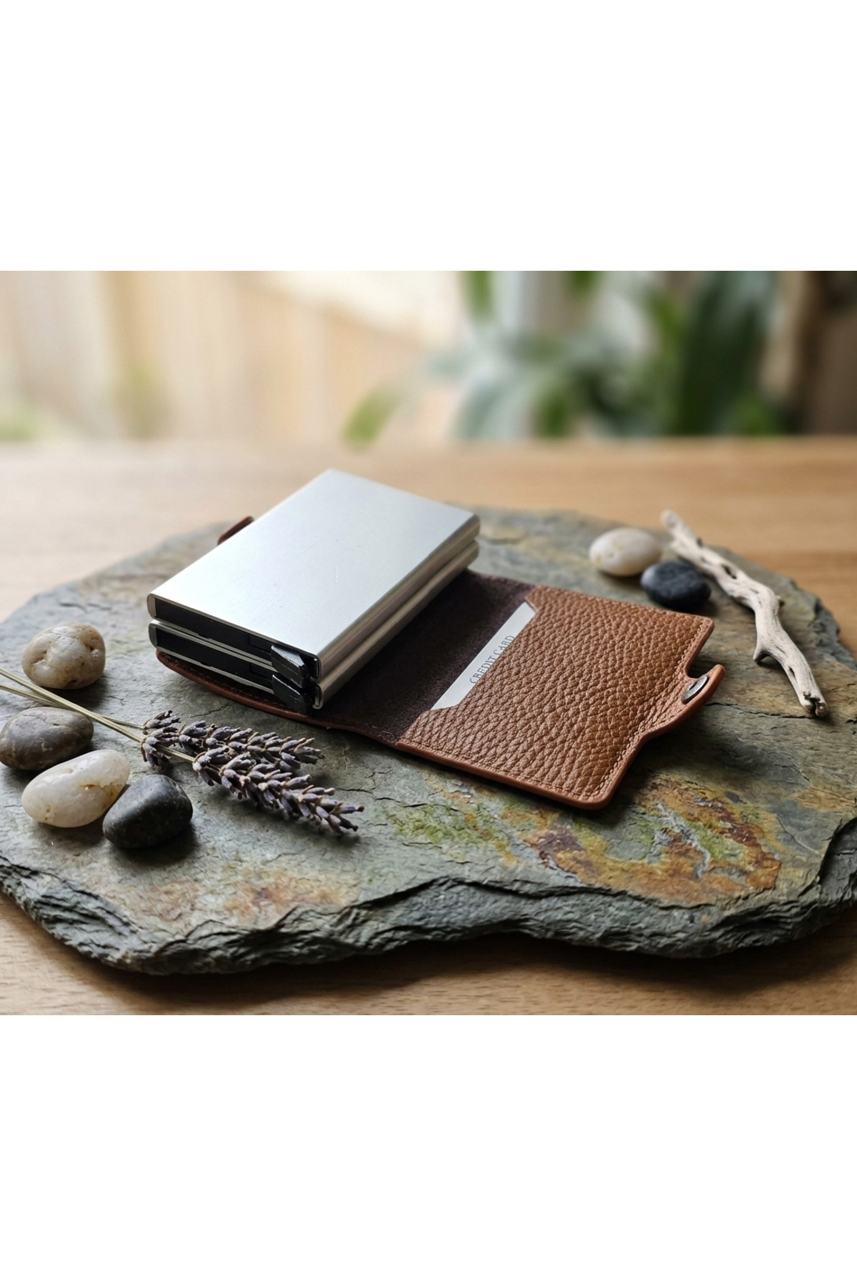 Porte-cartes et portefeuille à double mécanisme en cuir véritable à  %