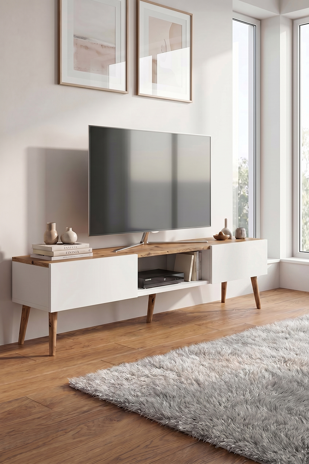 Meuble TV moderne  cm, console à 2 portes, télévision sur pieds en bois, meuble TV élégant pour salon et salle de séjour, console TV, unité TV, meuble TV console