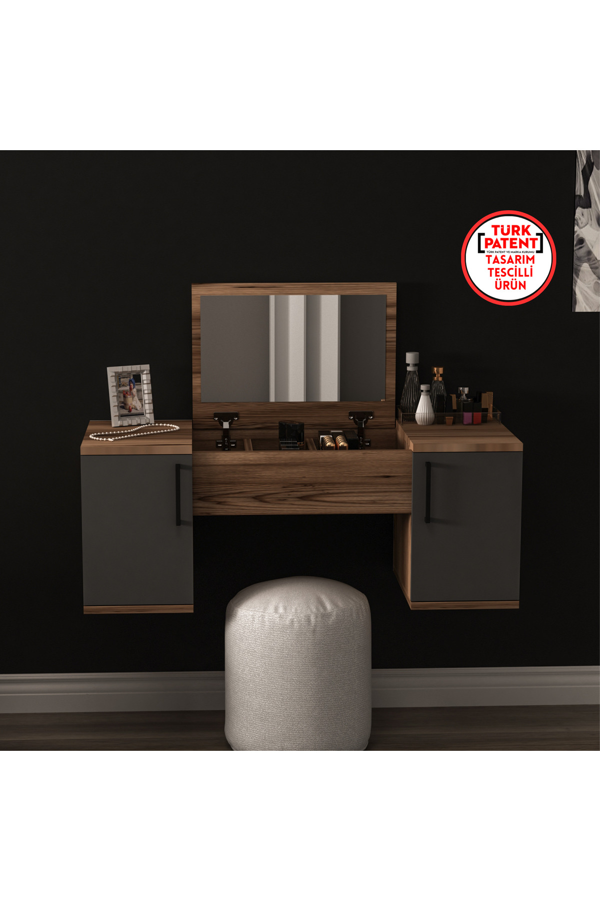 Coiffeuse Murale Mercan, ne Prend Pas de Place, Couleur Lidya Anthracite