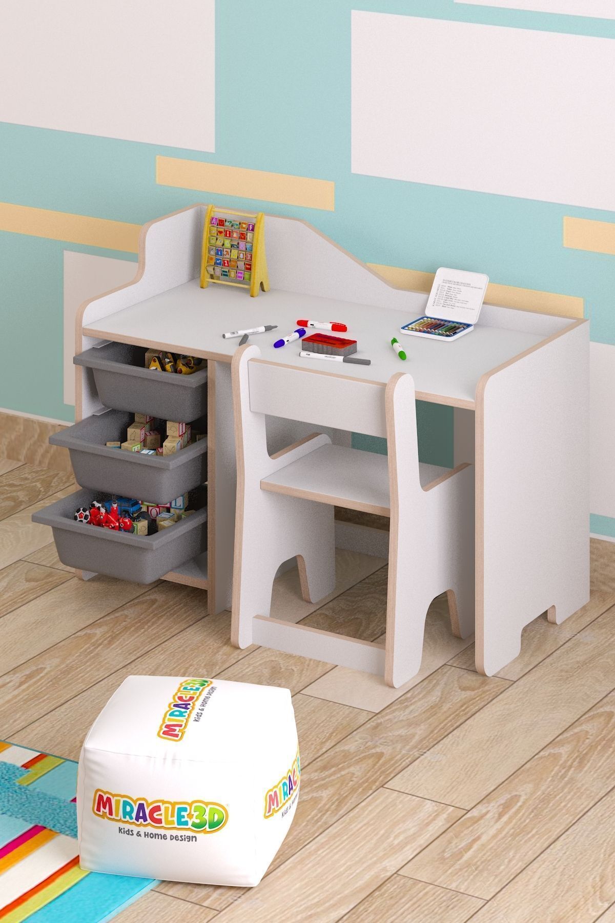 Bureau d'étude pour enfant Cm avec 3 paniers et chaise avec dossier pour enfant
