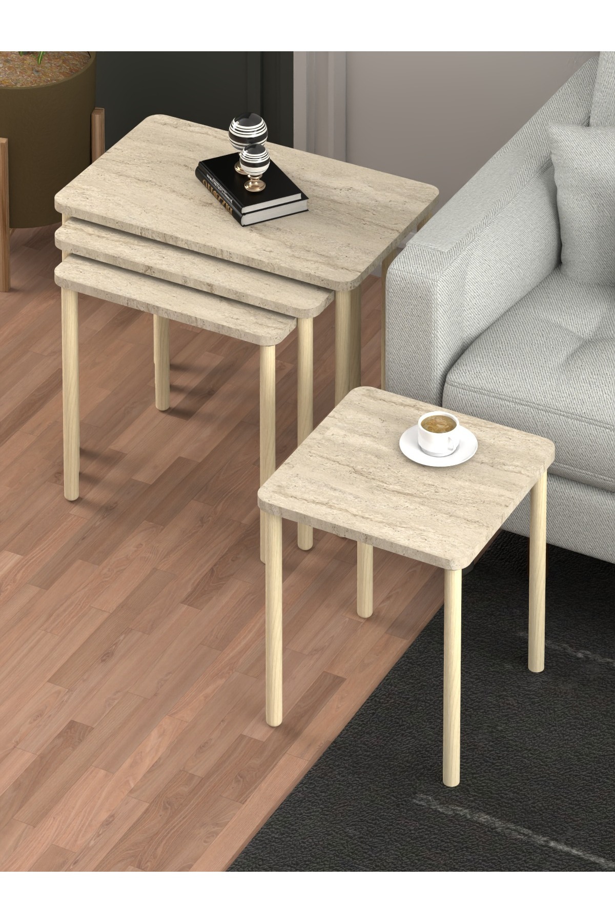 Obim 4 pièces Travertin en bois Empilement Immatriculation - table de thé Table de service Table-salon Table - design moderne