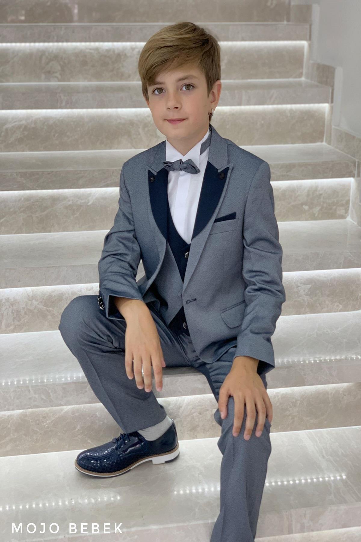 Ensemble de costume classique pour garçon Mojo avec détail de col  Gris-Bleu marine