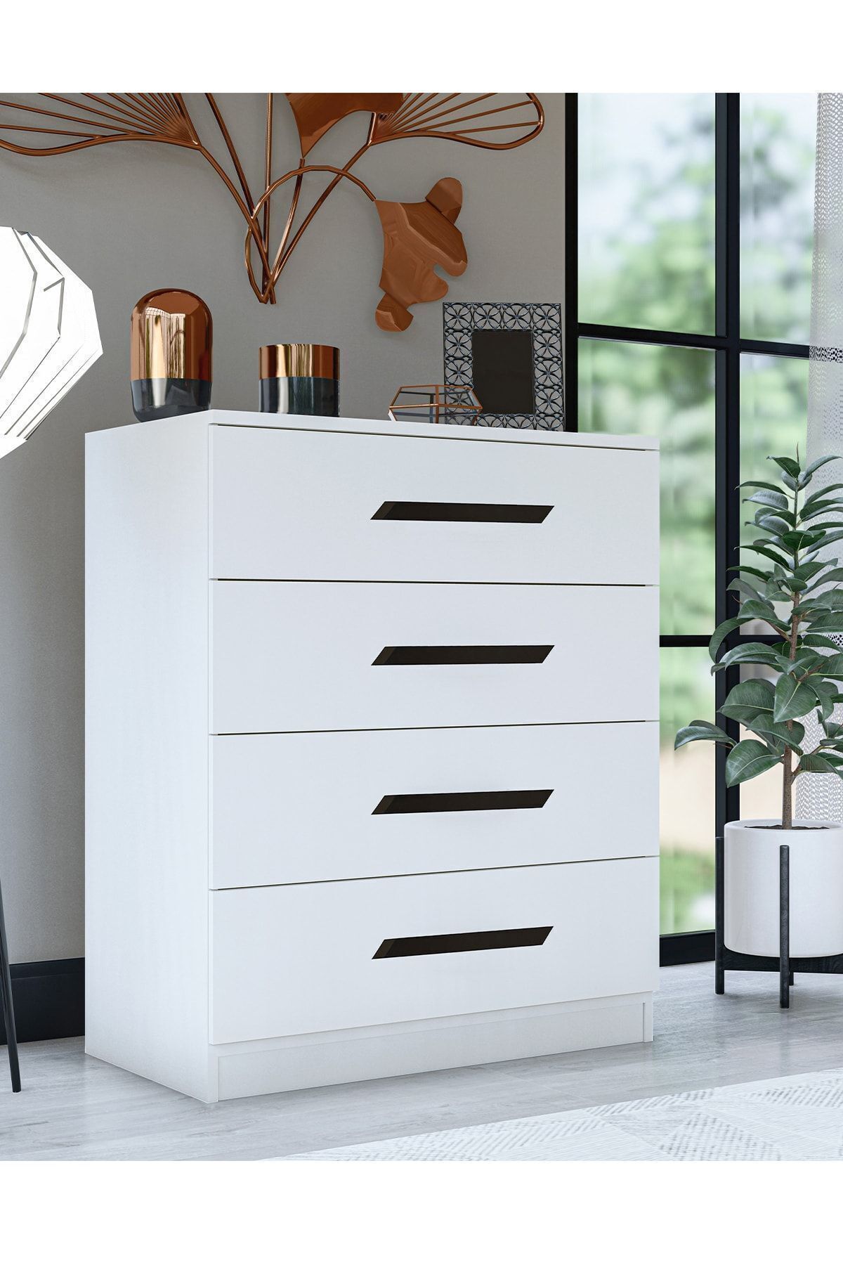 Gm Almina Commode Blanche à 4 Tiroirs avec Poignées Noires