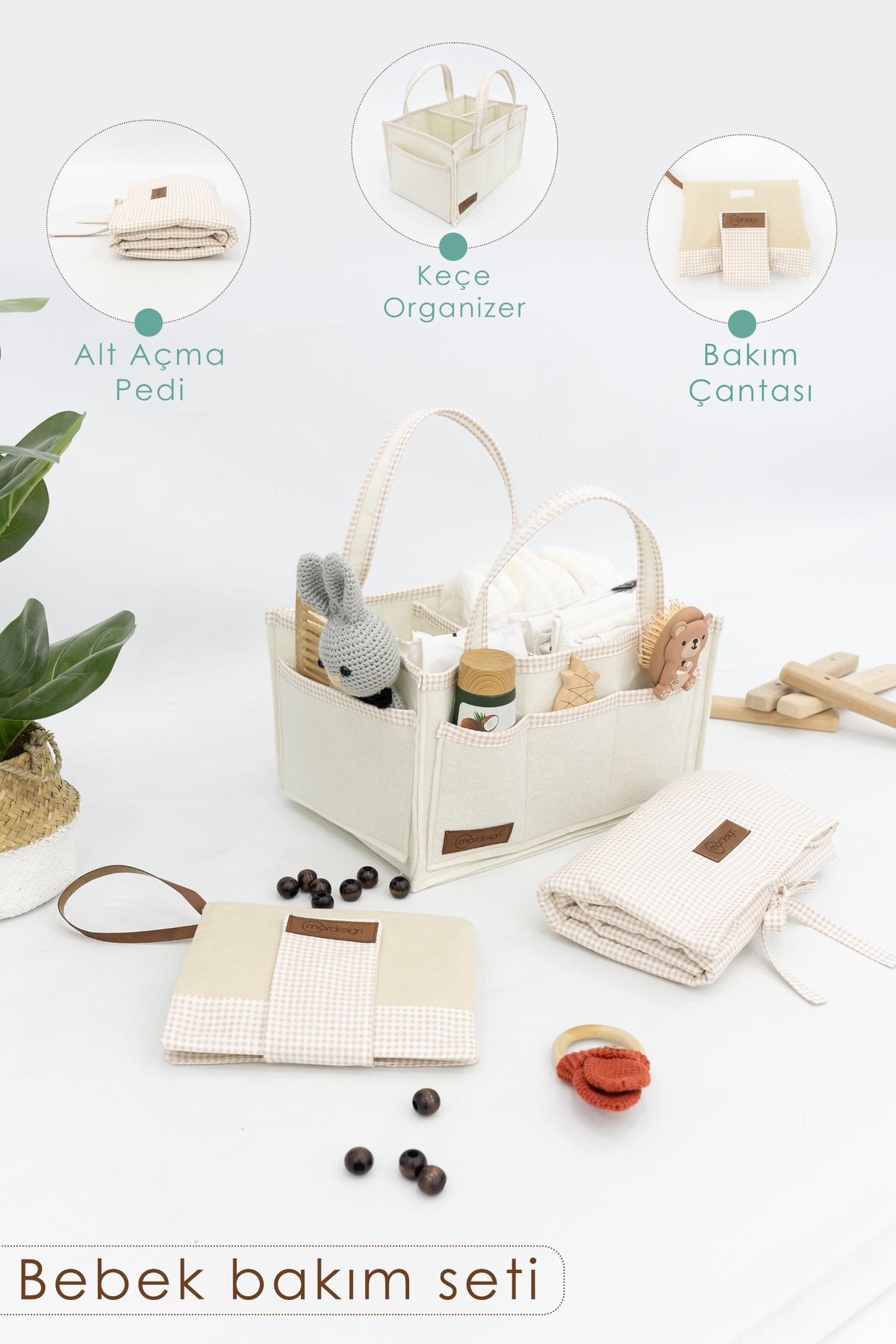 Set de soins pour bébé 3 pièces ; Organisateur maman-bébé en feutre, Tapis à langer imperméable, Sac à couches