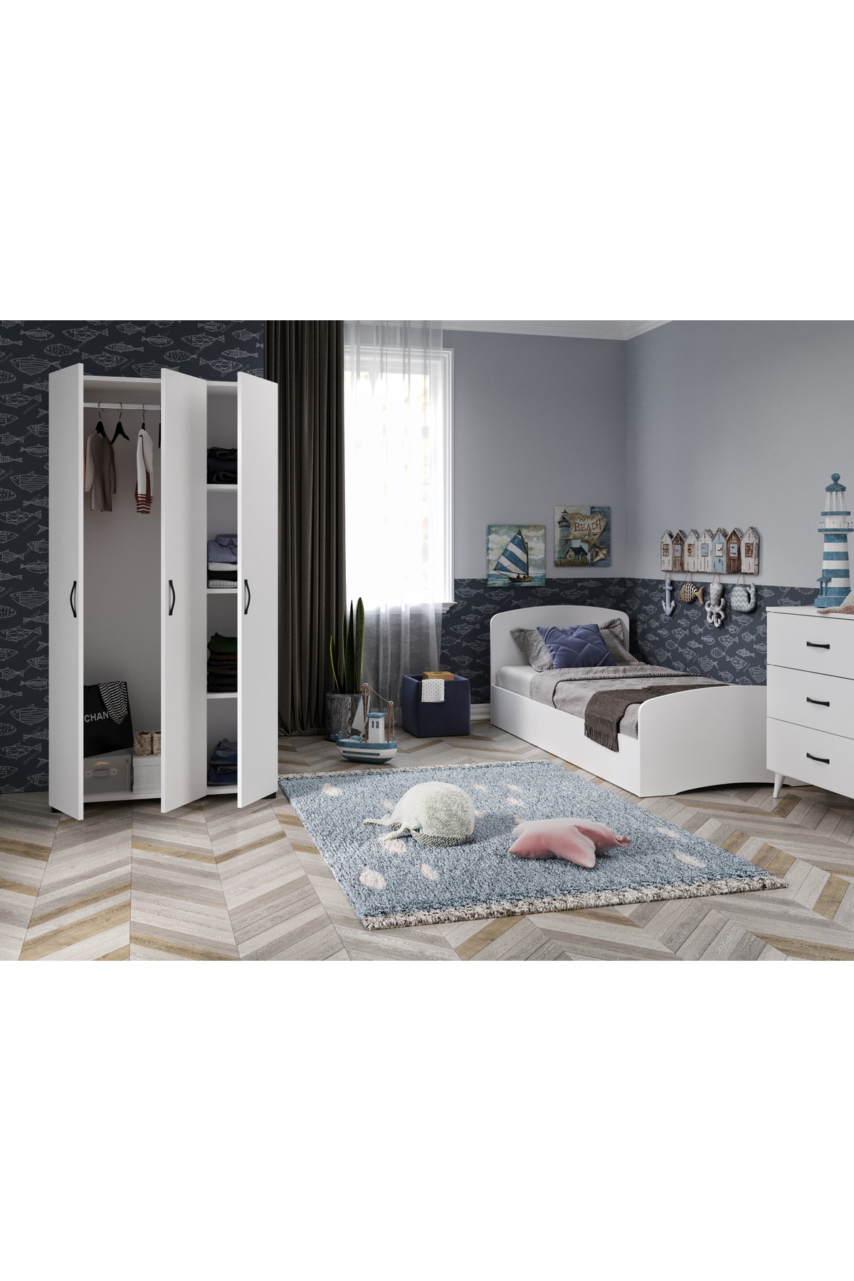 Ensemble de Chambre d'Enfant Soft Blanc - Lit, Armoire à 3 Portes, Commode à 3 Tiroirs, Tout en MDF