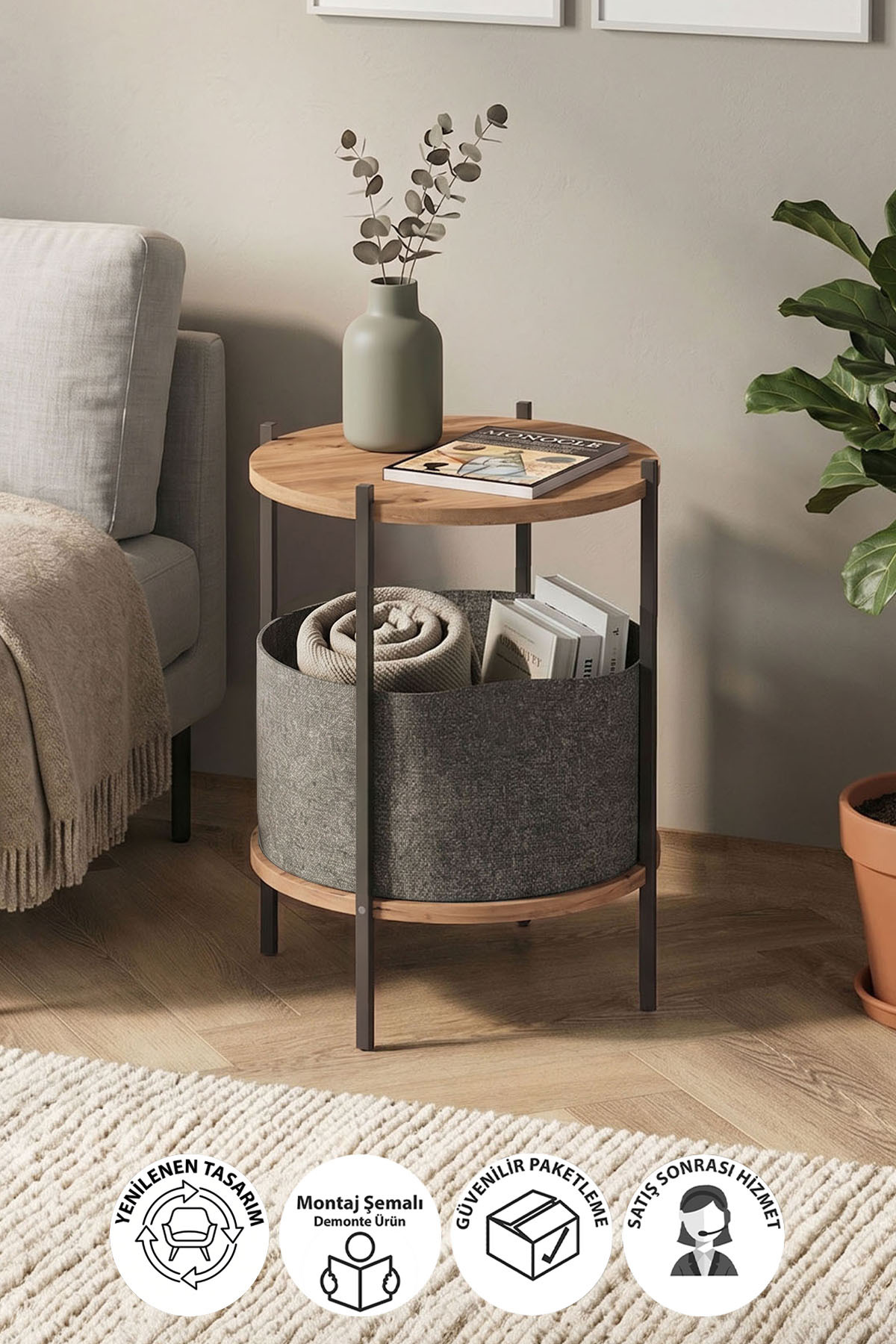 Table basse avec large sac, porte-revues, bibliothèque, porte-fleurs, pin