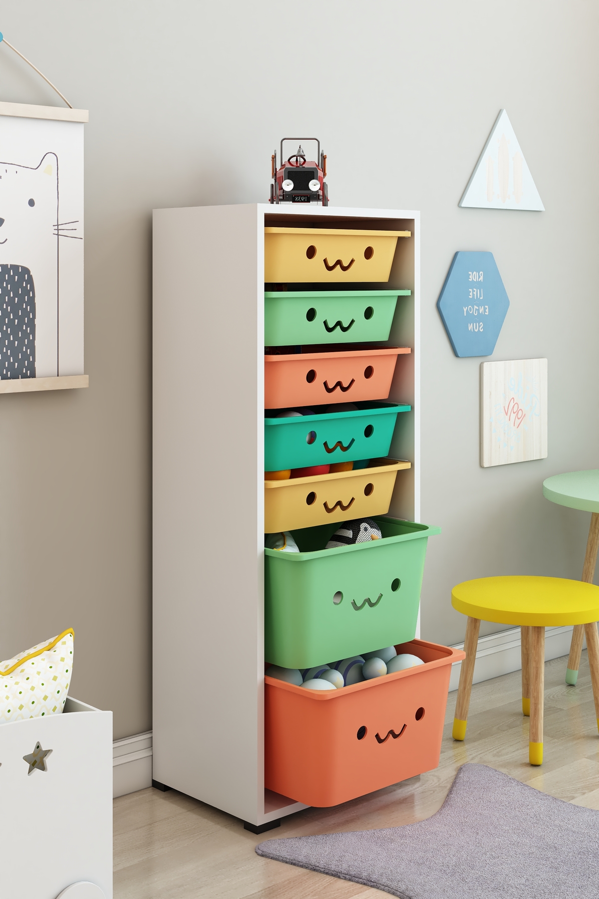 KIDS Armoire à jouets avec 7 paniers et sourires Boîte de rangement pour jouets