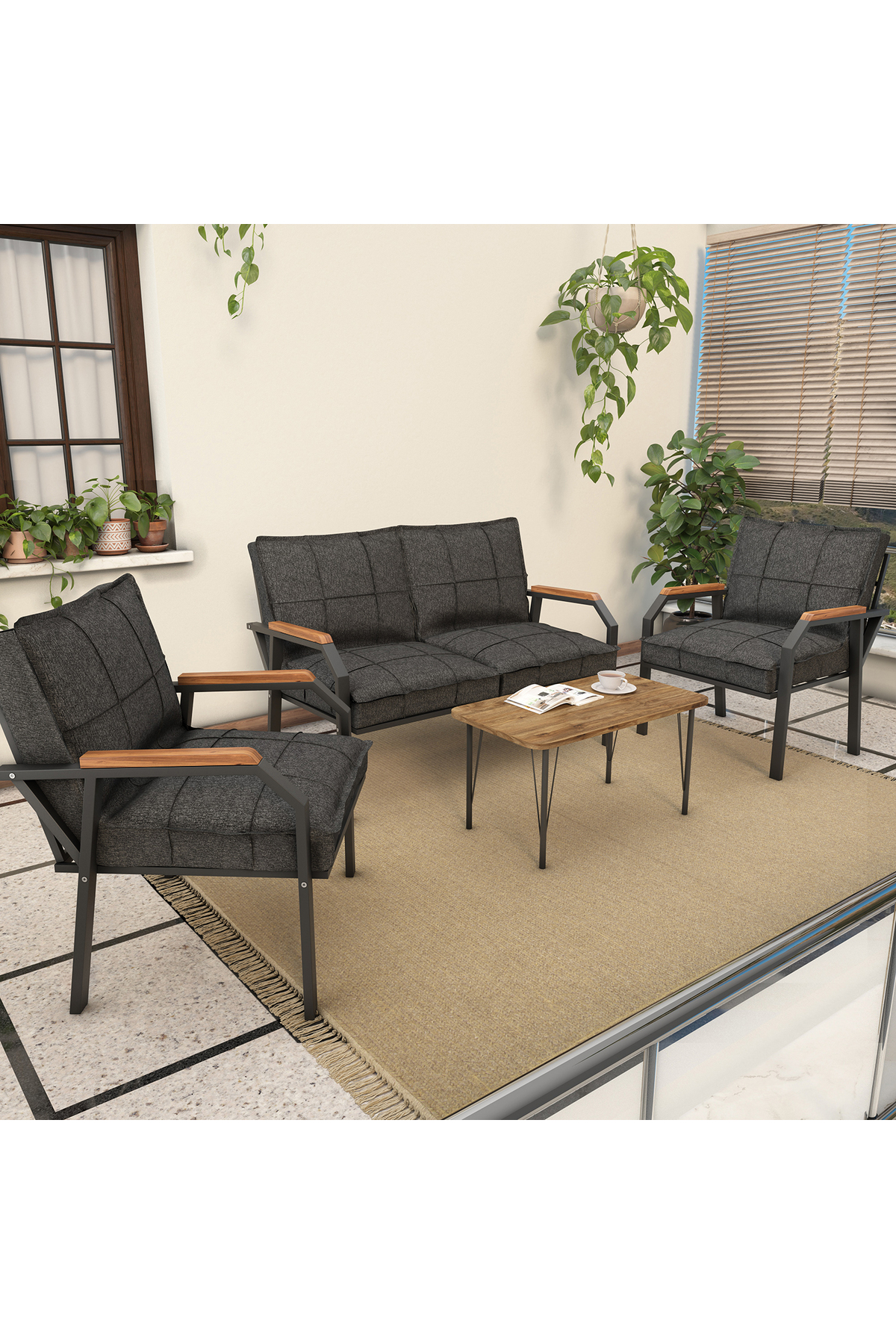 Hayal Balcon, Jardin, Café, Ensemble Canapé Métallique, Mobilier de Jardin,  Tables - Anthracite