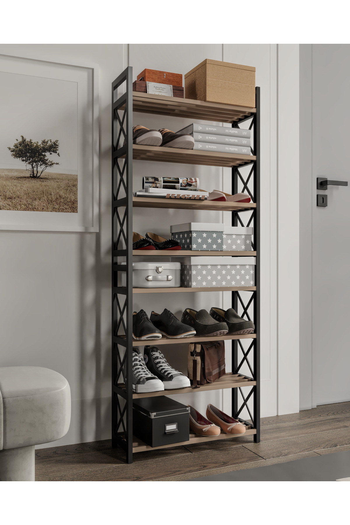 ORGANISEUR DÉCORATIF ÉTAGÈRE À CHAUSSURES MASSIF EN BOIS ET PLASTIQUE 8 NIVEAUX