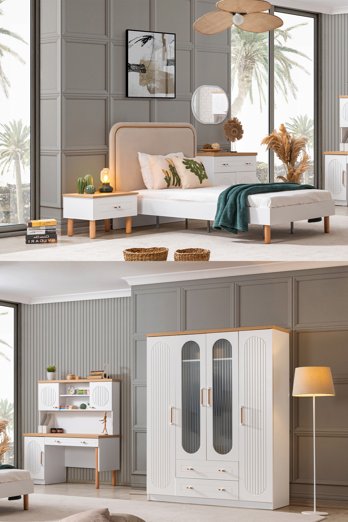 Vita Bohem Chambre d'Enfant - Armoire 4 Portes, Lit, Table de Chevet, Bureau, Commode