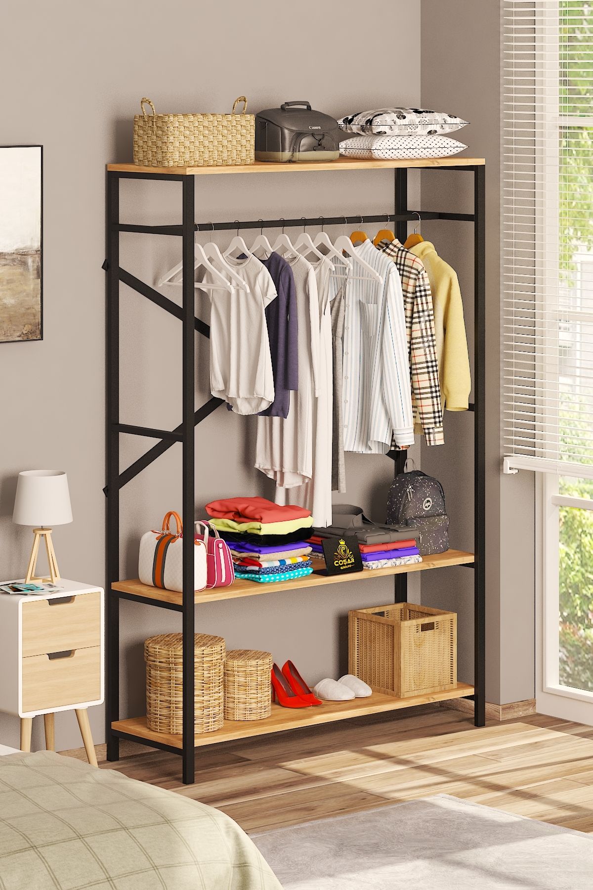 Alkor  Armoire Vestiaire Ouverte en Panneau de Particules Métal avec Motif Bois Massif Porte-Manteaux