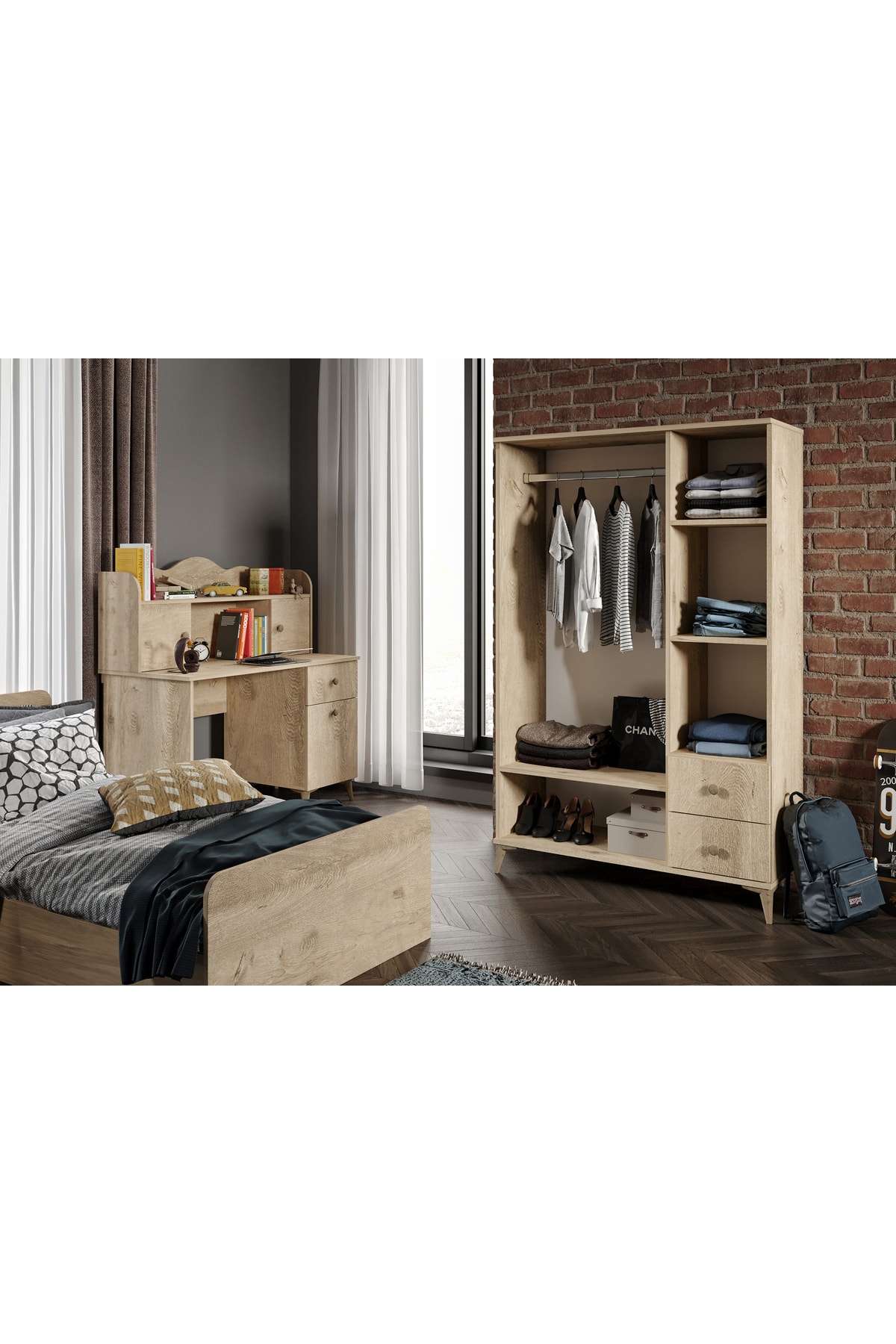 Ensemble de chambre moderne pour jeunes en chêne - 4 pièces et entièrement en MDF de qualité supérieure