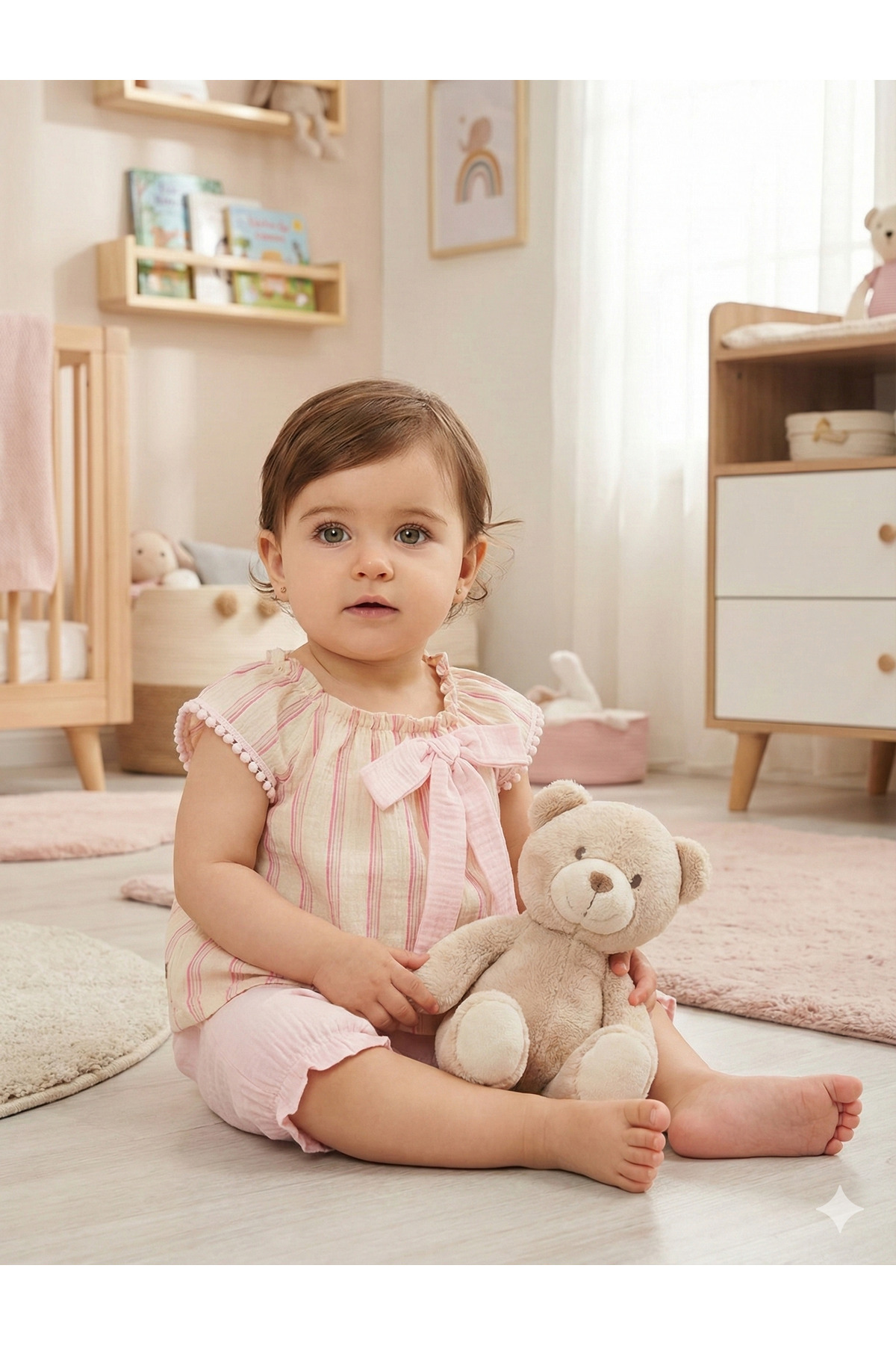 Ensemble de 2 pièces pour fille rayé avec short et nœud en mousseline