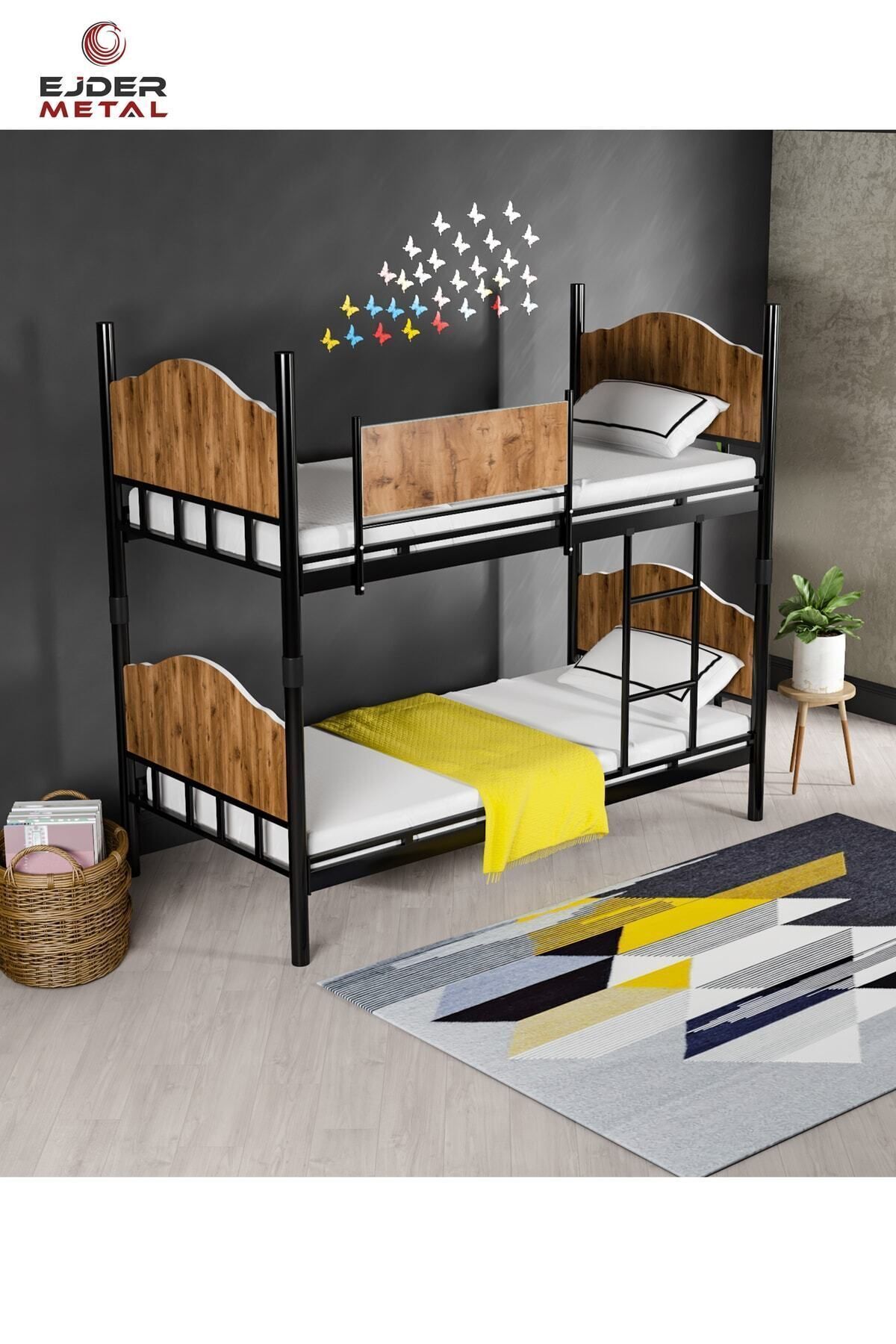 Lit superposé métal et bois Noir-noix (SANS MATELAS)