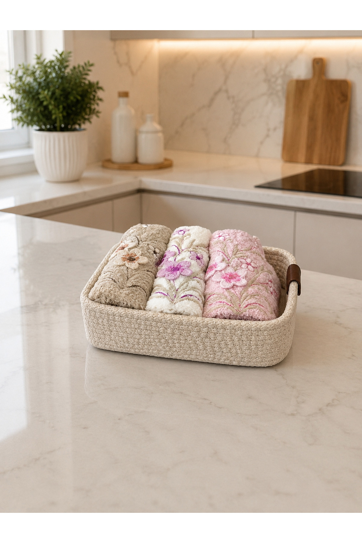 Torchon de cuisine - 3 pièces de serviette  cm 1 panier en tricot - Brodé -  % coton