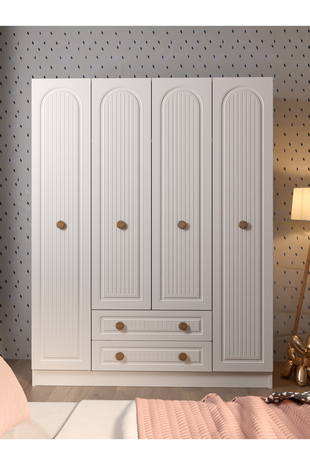 Armoire blanche élégante et raffinée Bohem à 4 portes et 2 tiroirs en MDF