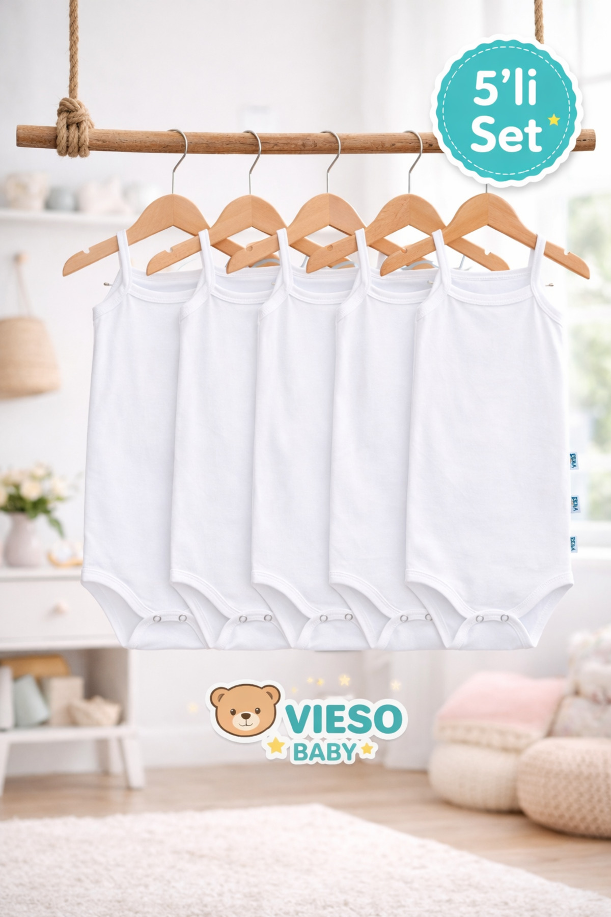 Body bébé blanc en coton à bretelles à bouton-pression, avec 5 bretelles en corde