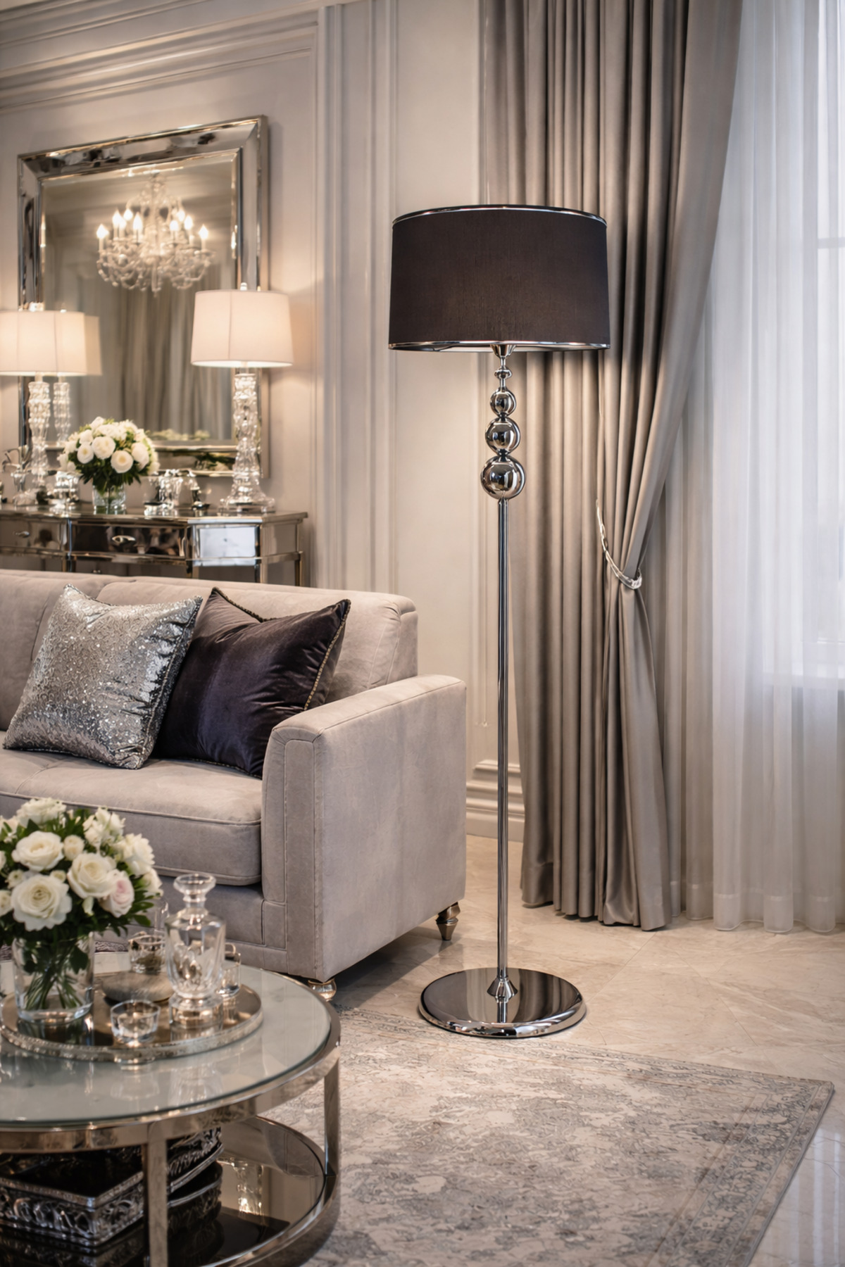 Lampadaire en métal chromé Milano Sphere - Marron avec bande chromée