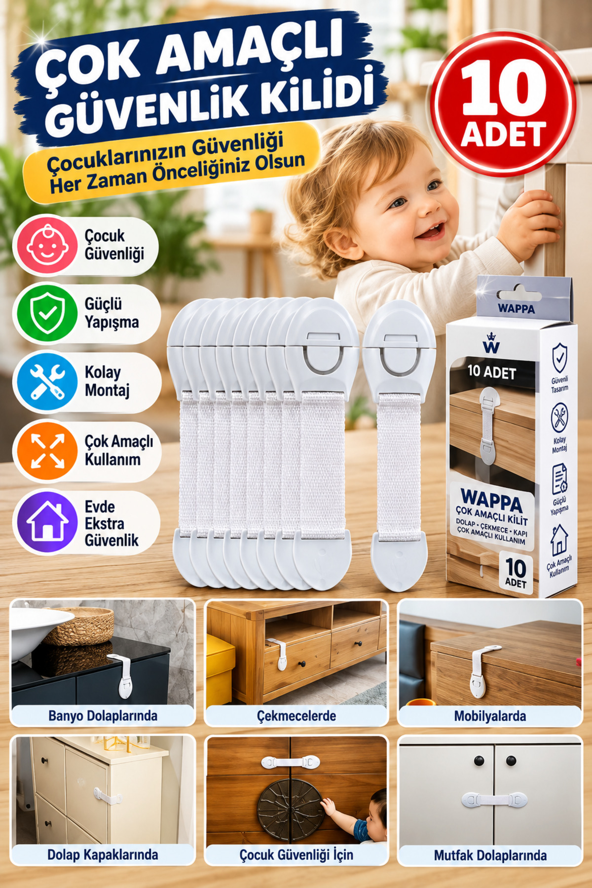  Verrous de sécurité pour bébés et enfants pour armoires et tiroirs, serrure polyvalente pour enfants, super adhérence