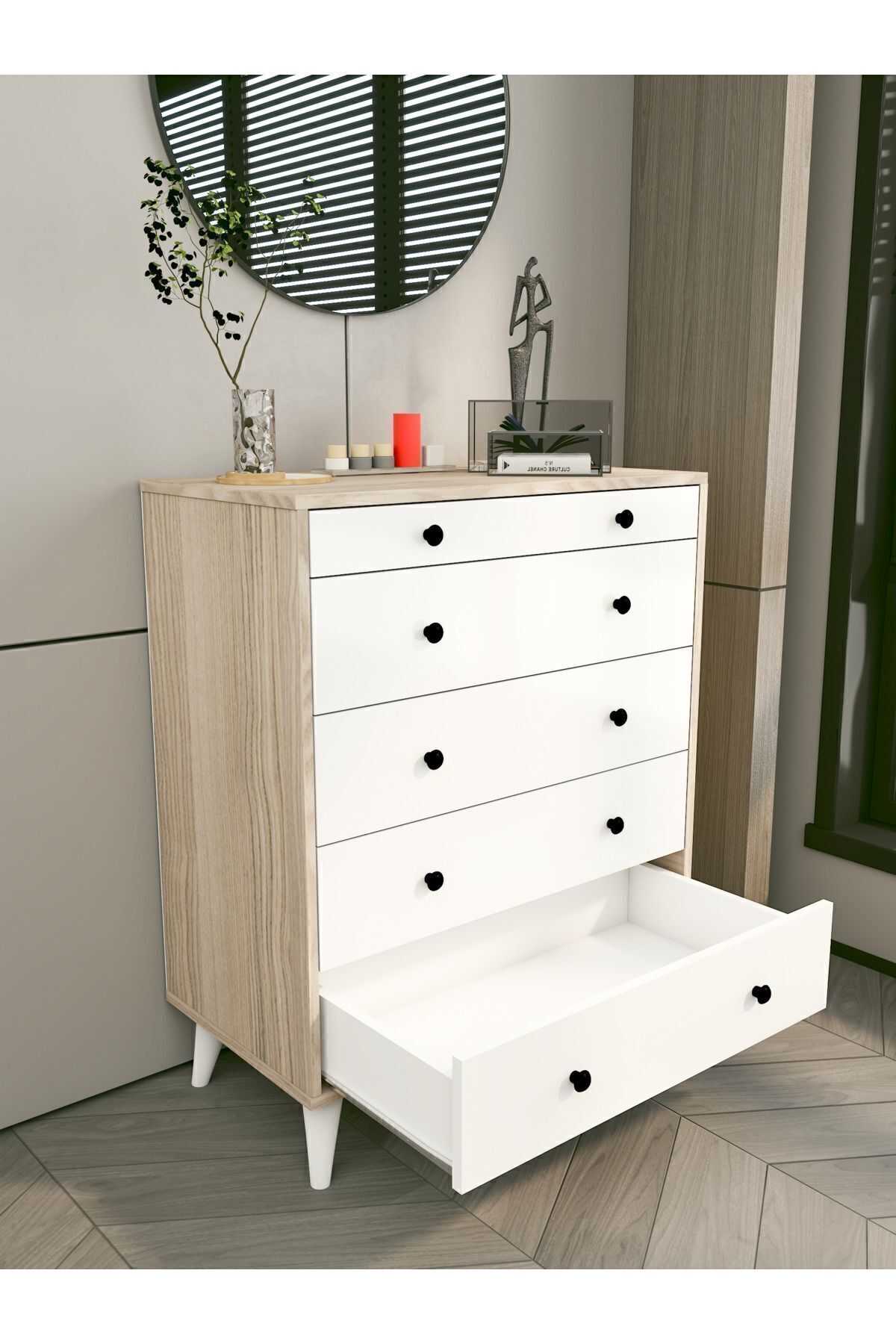 Commode Cordoba Blanc Brillant-marron 5 Tiroirs Commode de Campagne Table de Chevet en Bois