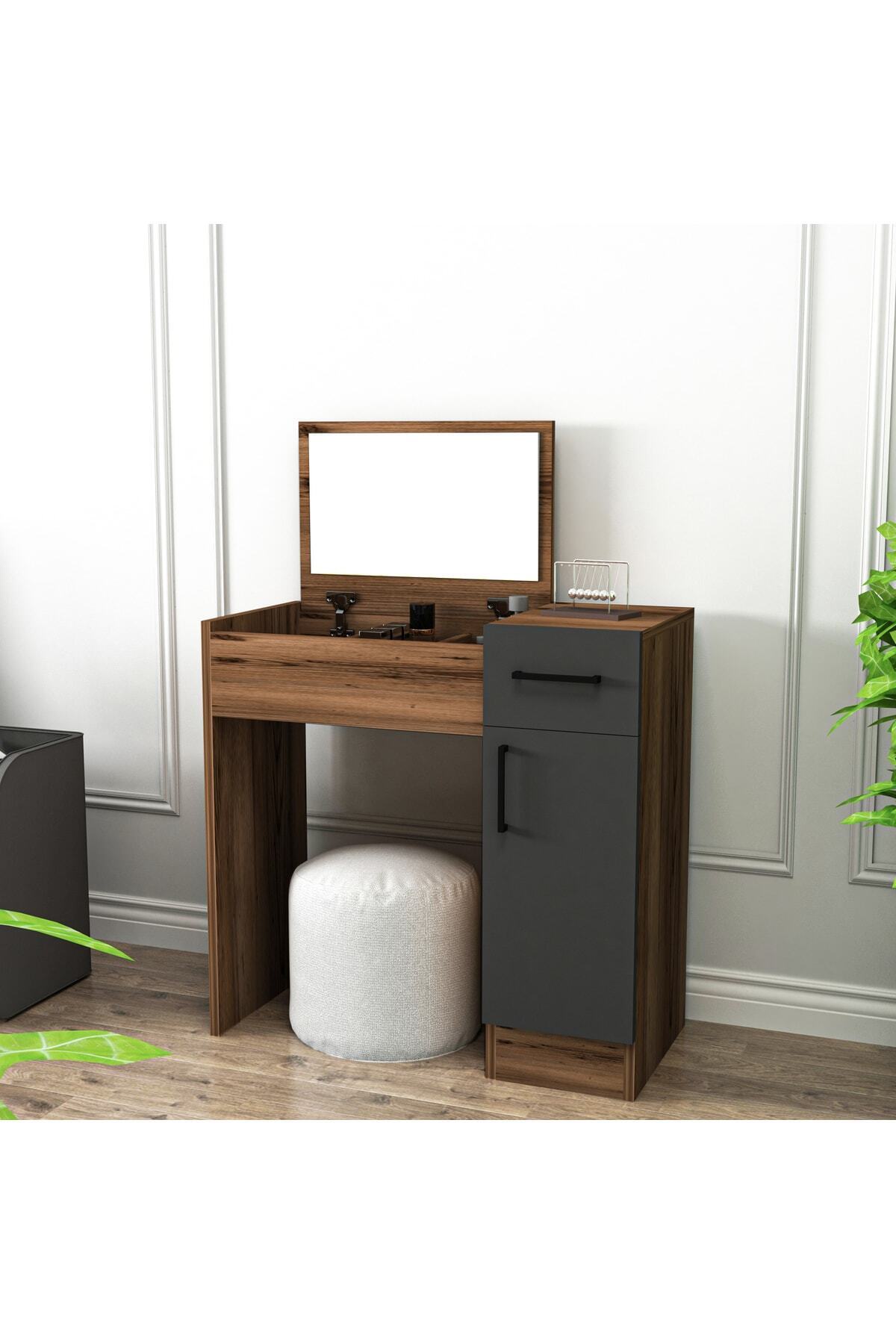 Coiffeuse avec miroir et armoire, couleur noyer et anthracite - Inci, disponible en 4 couleurs différentes