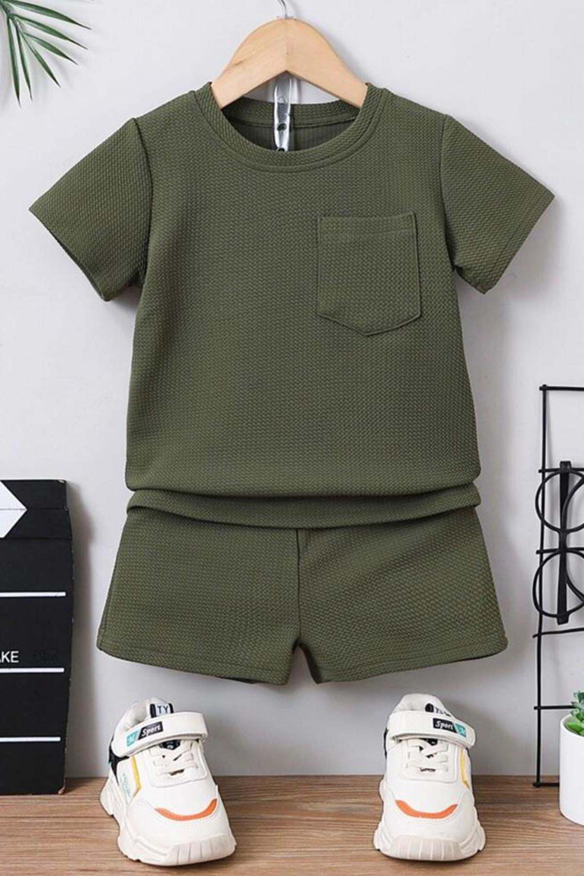 Ensemble d'été pour bébé et enfant, avec short 2 pièces en coton, détail poche avec motif gaufre - Vert