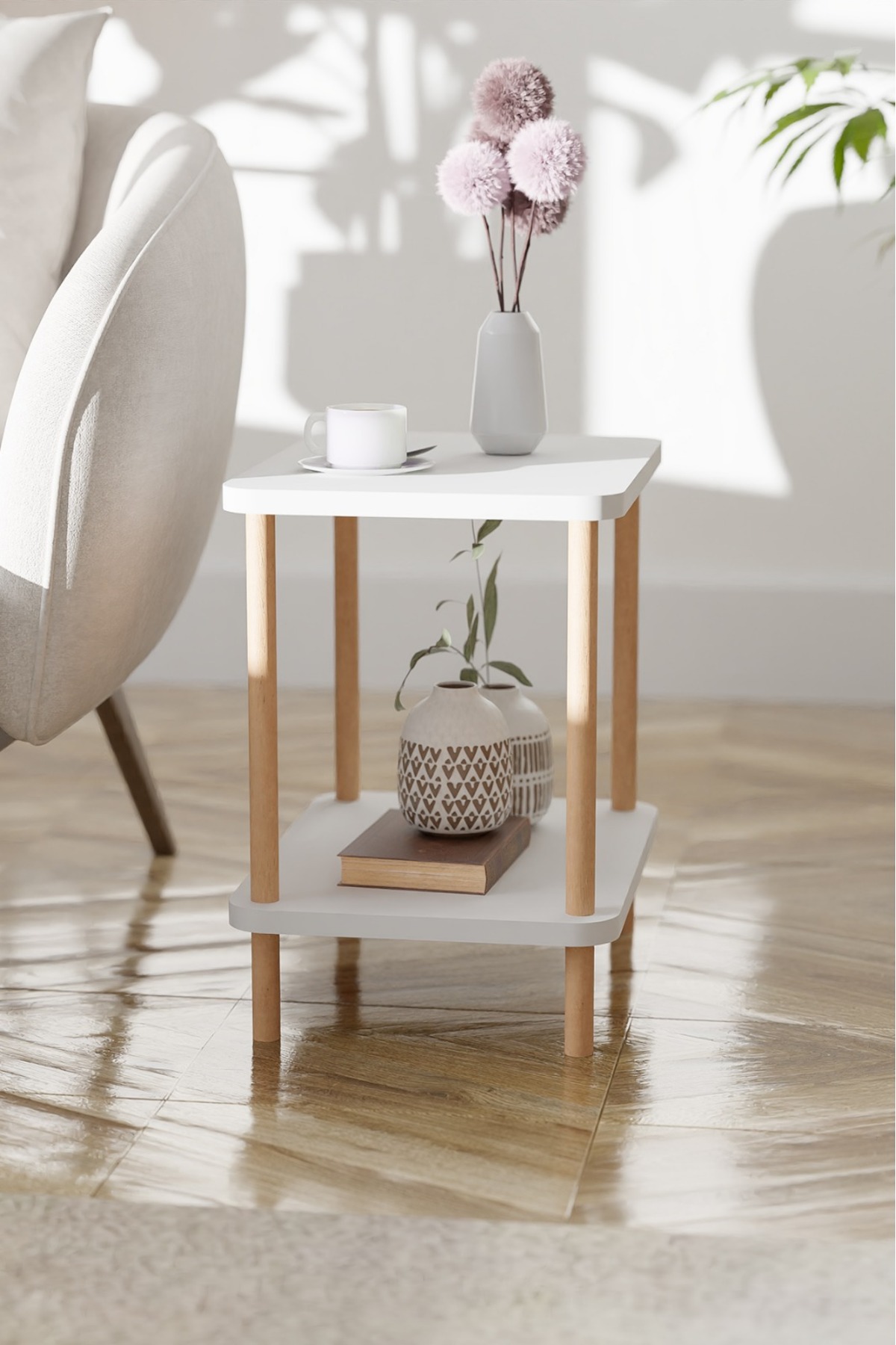 Table d'appoint latérale à 2 étagères avec large porte-journaux, bibliothèque, support pour fleurs, table de chevet, table de chevet polyvalente