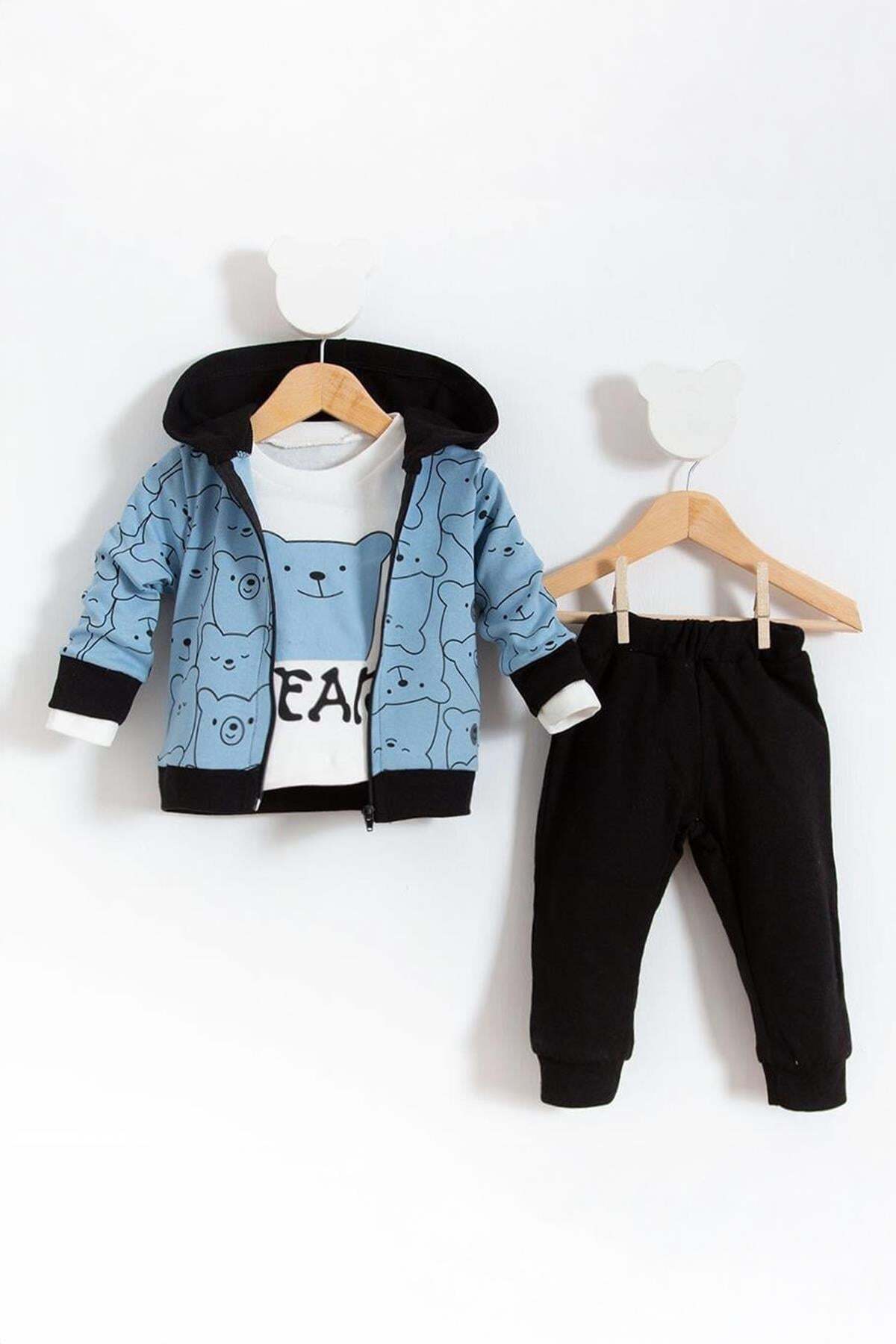 Ensemble Bébé Enfant 3 Pièces Gilet À Capuche À Fermeture Éclair T-shirt À Manches Longues Pantalon - Bleu % Coton