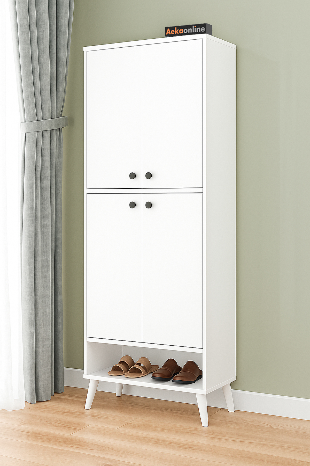 Étagère à chaussures blanche  brevetée, 9 étagères, sur pieds, armoire polyvalente à 4 portes, placard à provisions