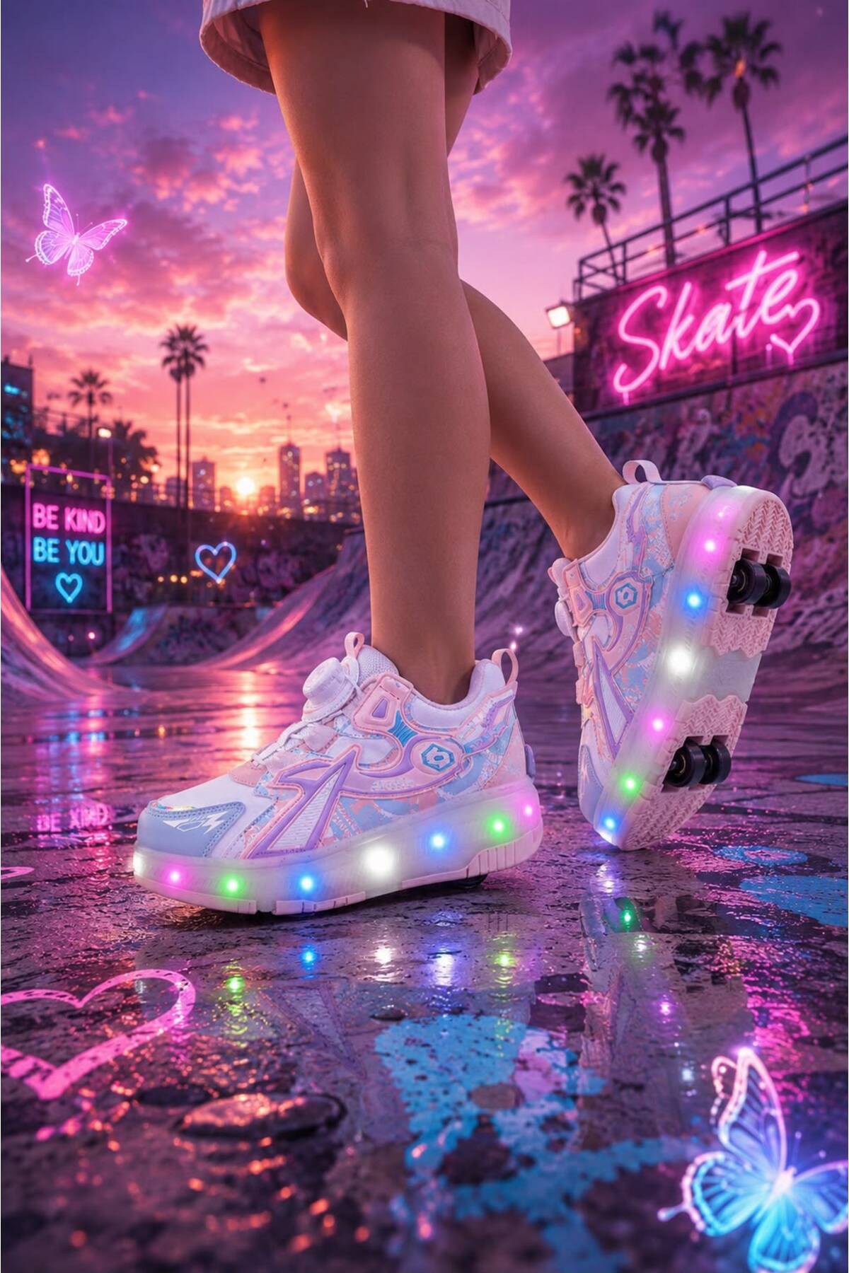Chaussures de sport confortables pour enfants avec patins et lumière - Sneakers / Jeu de roues amovibles - Poudre