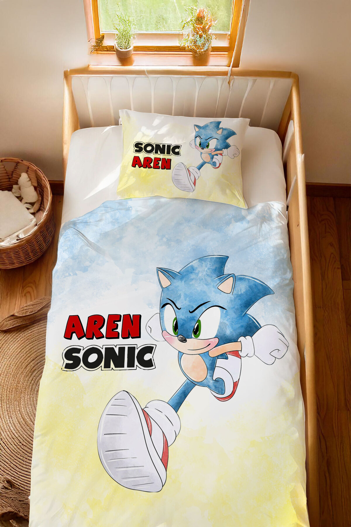 Ensemble de literie Montessori  personnalisé avec le nom Sonic