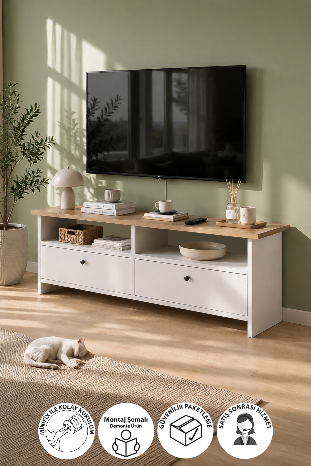 Meuble TV 2 Portes Unité TV Table TV  x  Cm Santorin Saphir Chêne Blanc