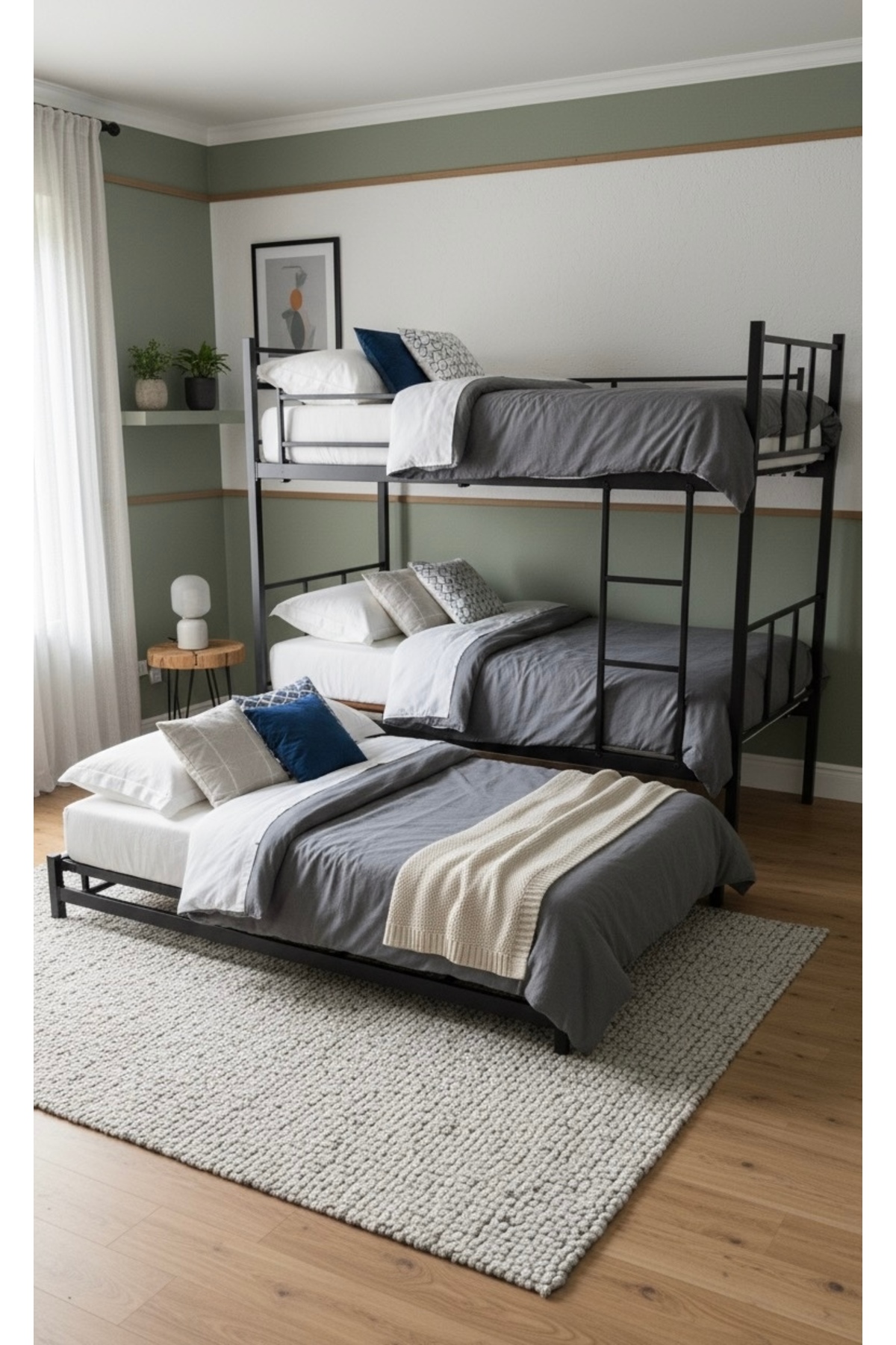 Lit superposé moderne avec étoiles, compatible avec lit, pour 3 personnes, lit superposé en métal noir