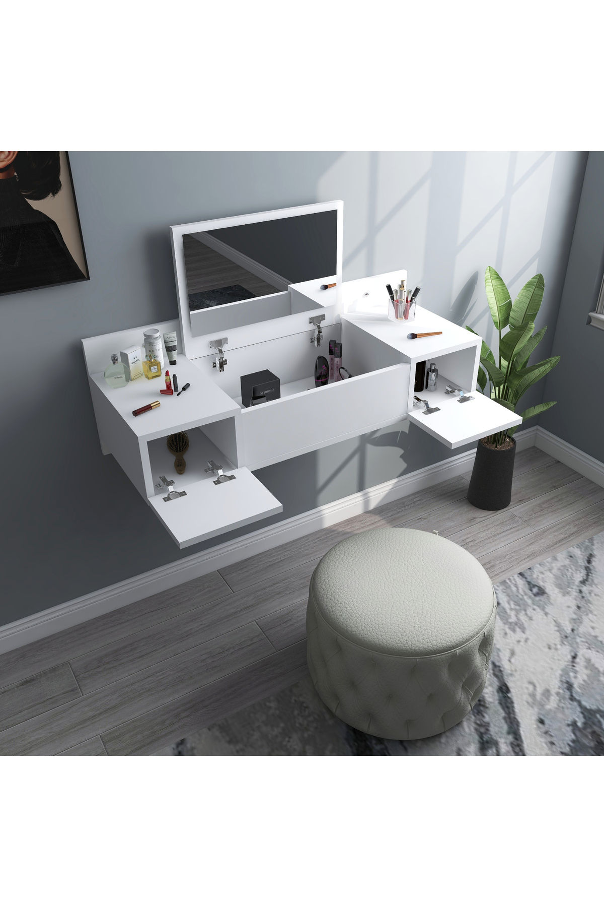 Coiffeuse Murale avec Miroir et Étagère Zakkum, Blanche - Zakkum