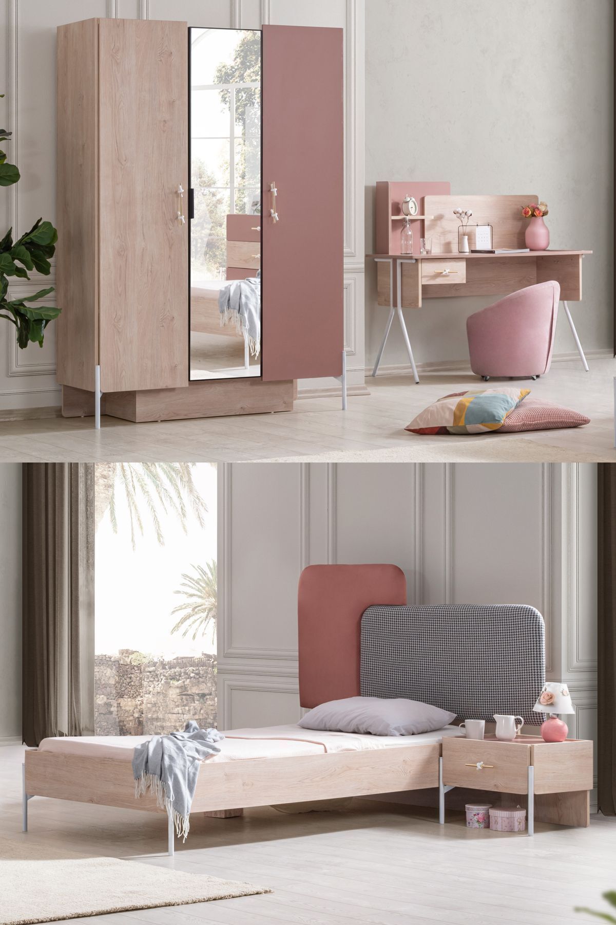 Chambre d'enfant Rosetta - Armoire 3 portes, Lit, Table de chevet, Bureau