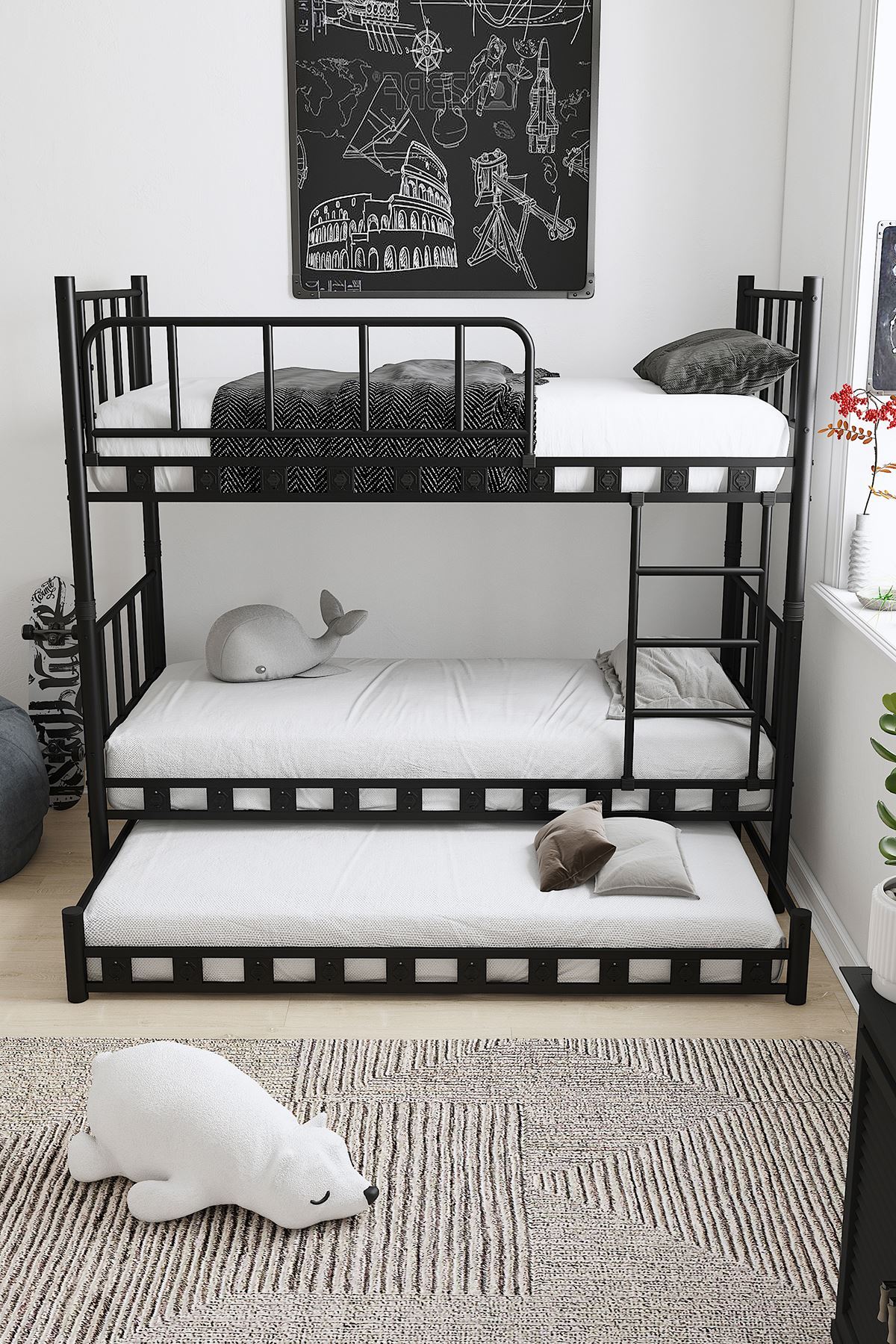 Chambre d'enfant pour jeunes avec lits superposés et lit métallique Zambak Yavrulu Noir