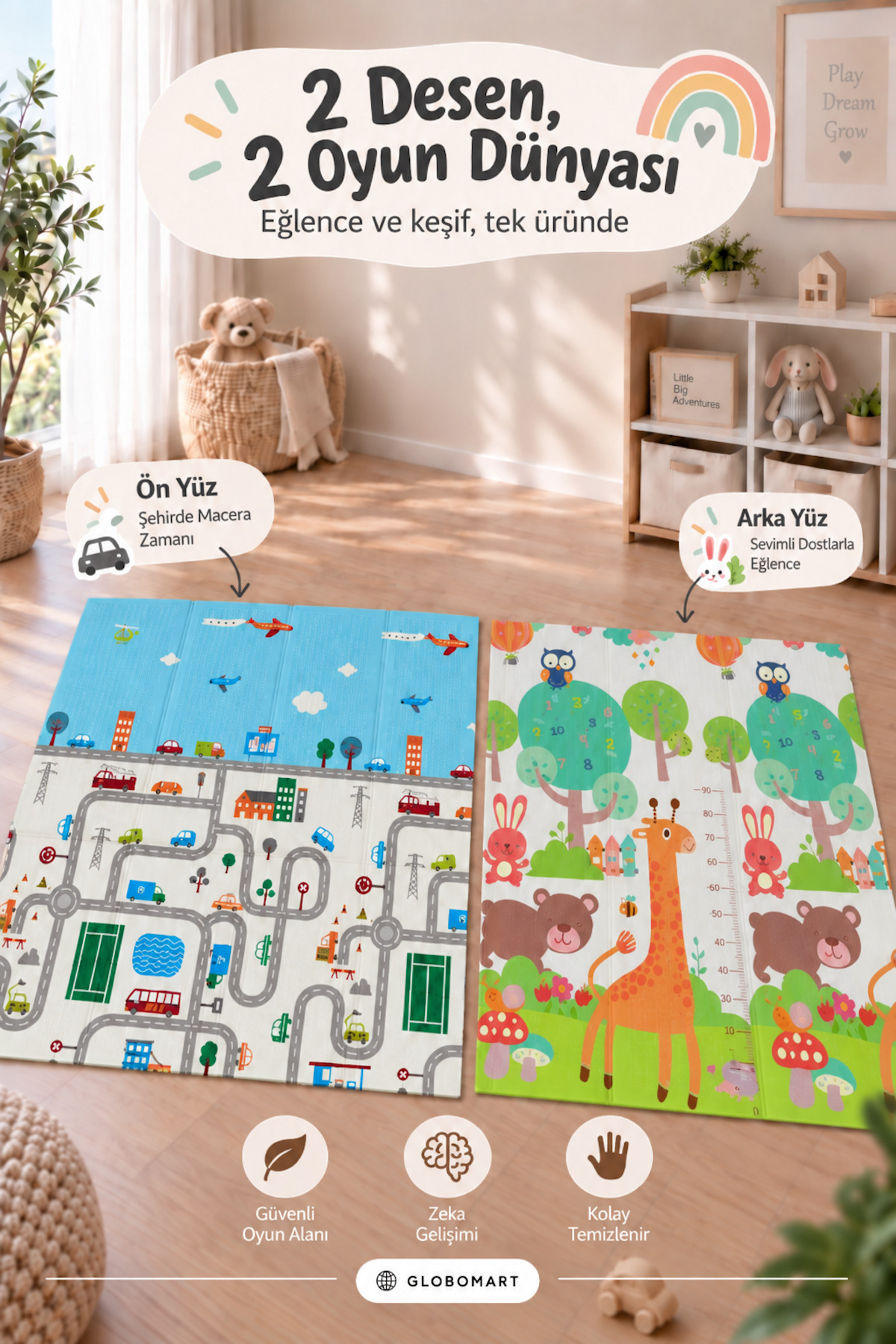 Tapis de jeu pour bébé et enfant réversible pliable Best Friends – Tapis de jeu éducatif, avec sac de transport